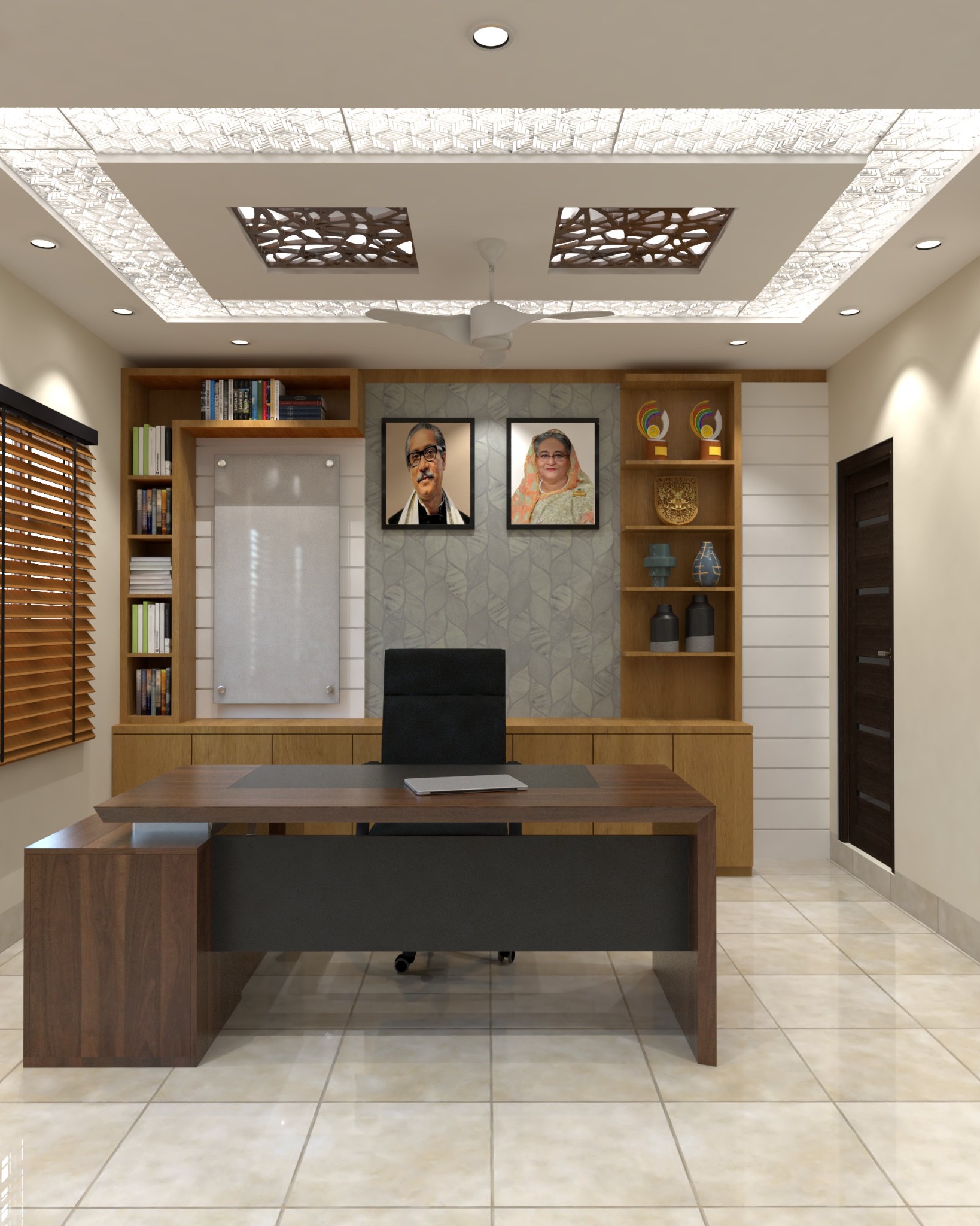 BADC office at Chandanaish with an executive desk, wooden display shelving, and an illuminated decorative ceiling