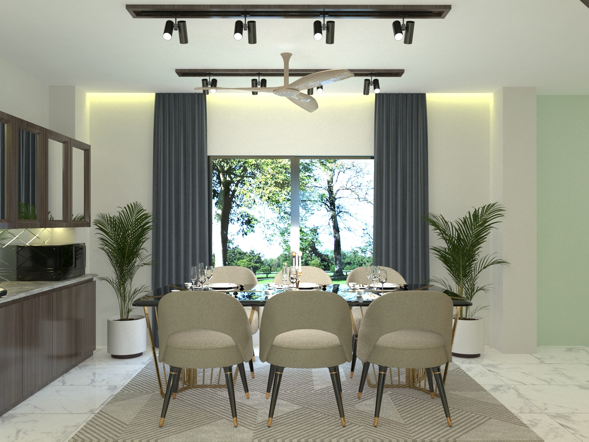 Bhatiari apartment — Dining area — table setting and garden-facing window