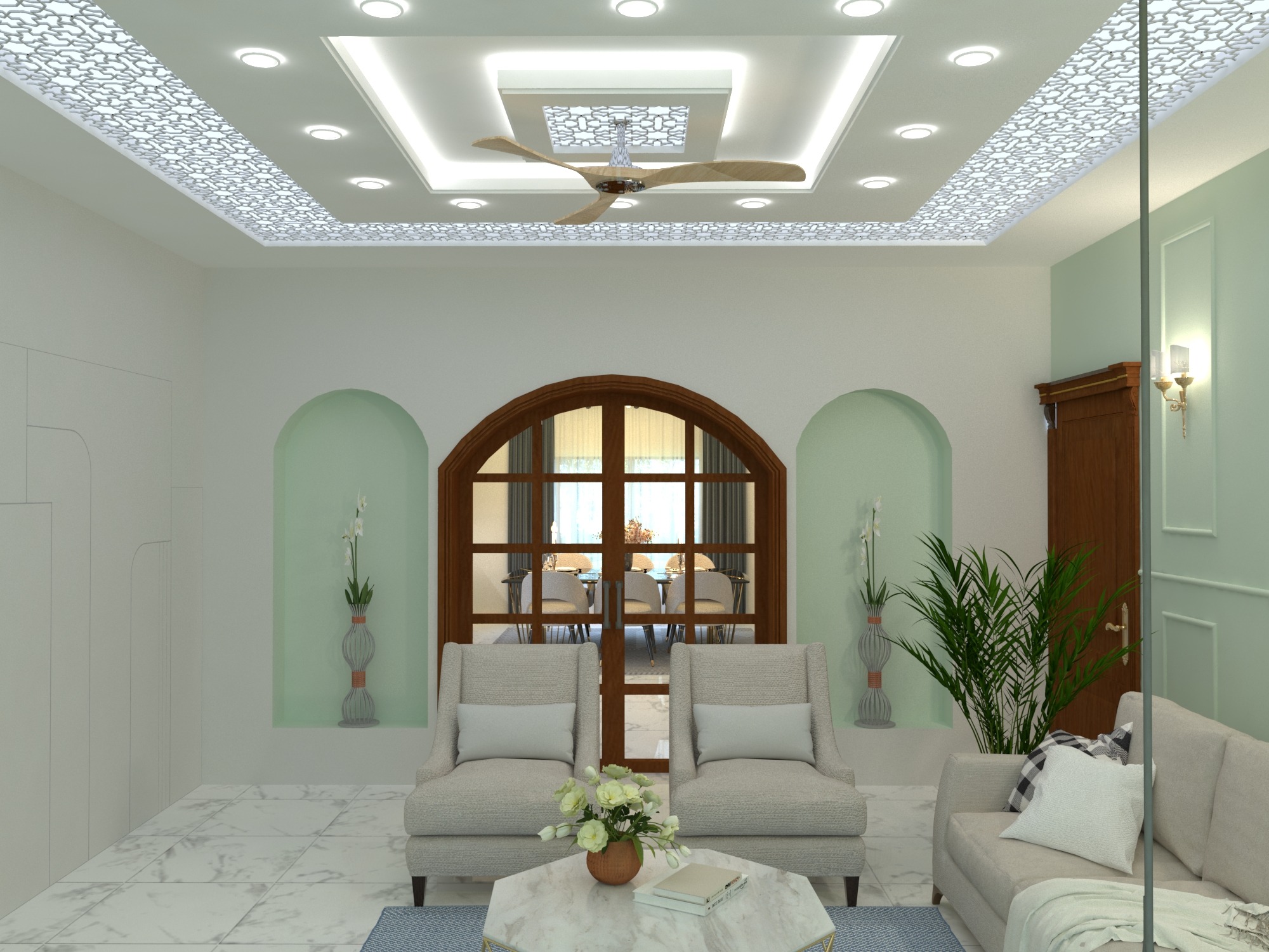 Bhatiari apartment — Living room — arched partition and feature ceiling