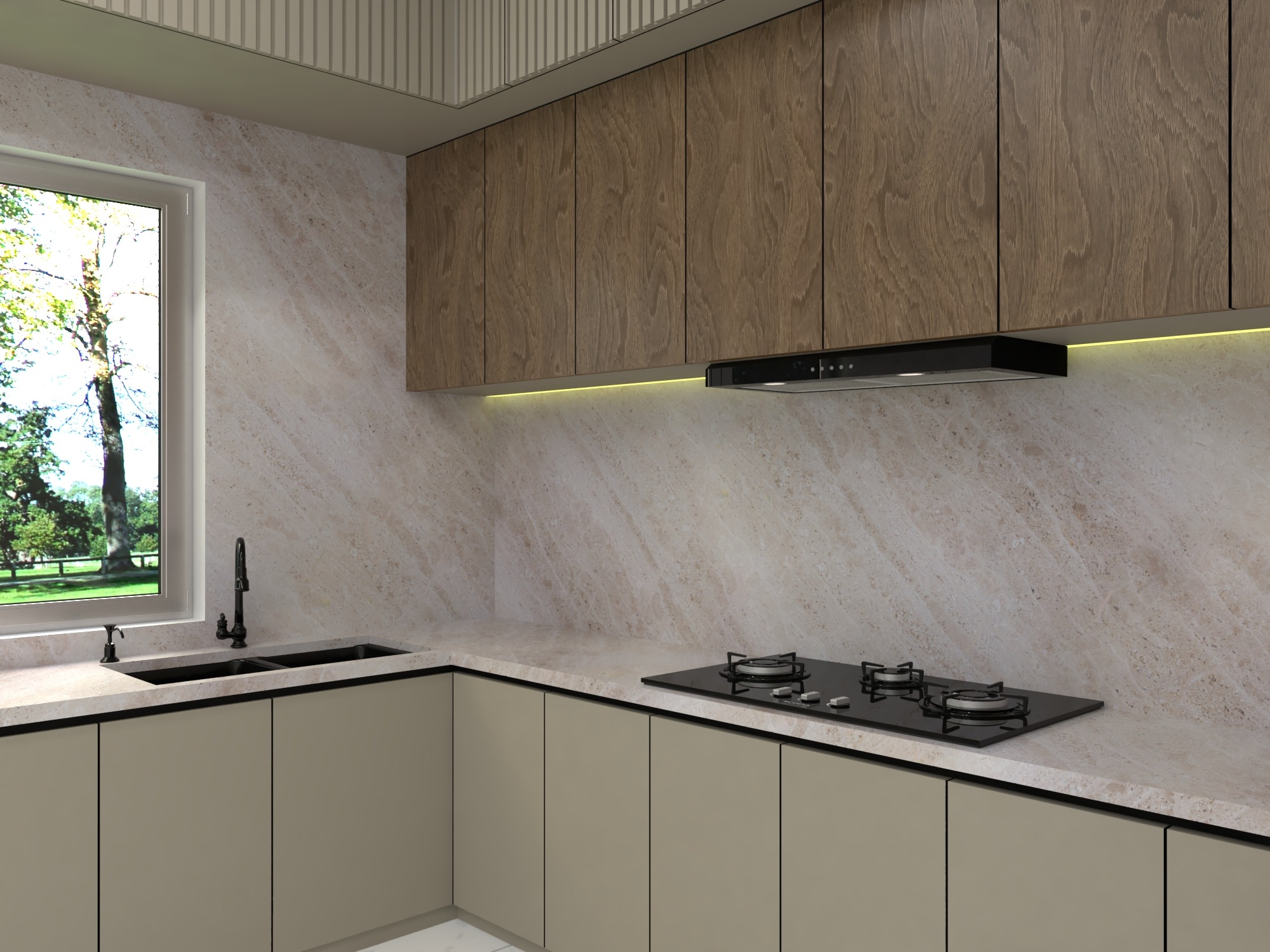 Bhatiari apartment — Kitchen — sink, hob, and upper storage