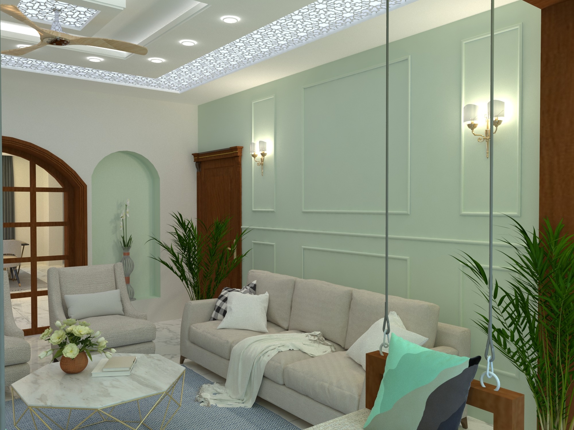 Apartment living room at Bhatiari, Chittagong, with mint feature wall, coordinated seating, plants, and layered ceiling lighting
