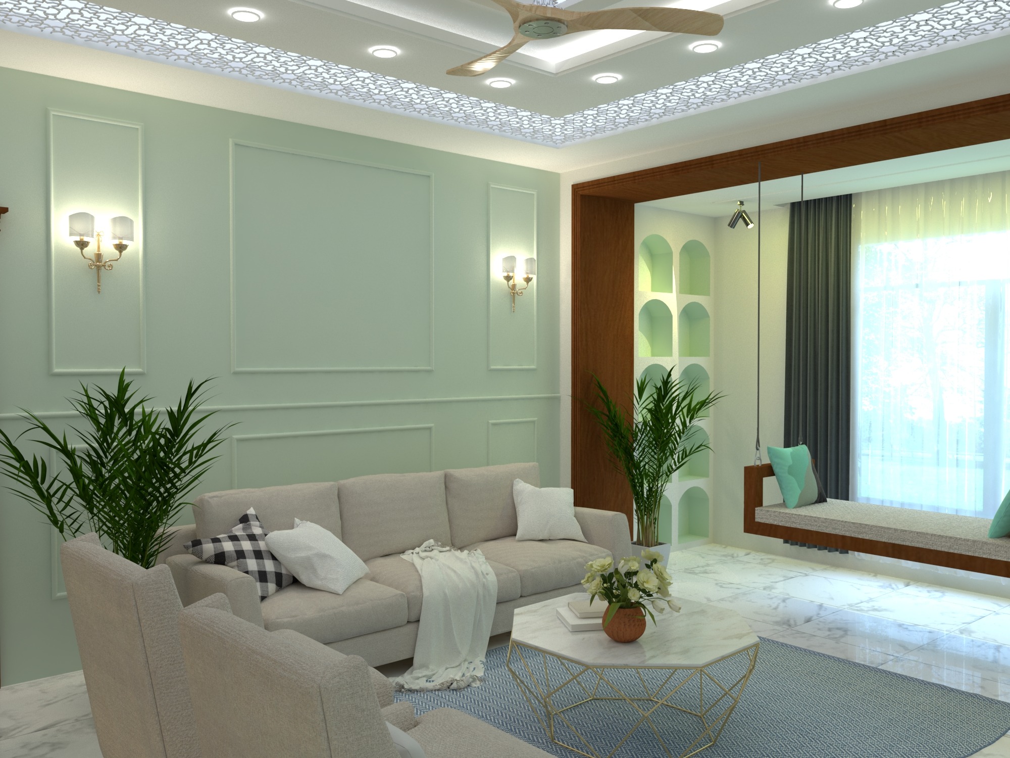 Bhatiari apartment — Living room — corner seating and display niche