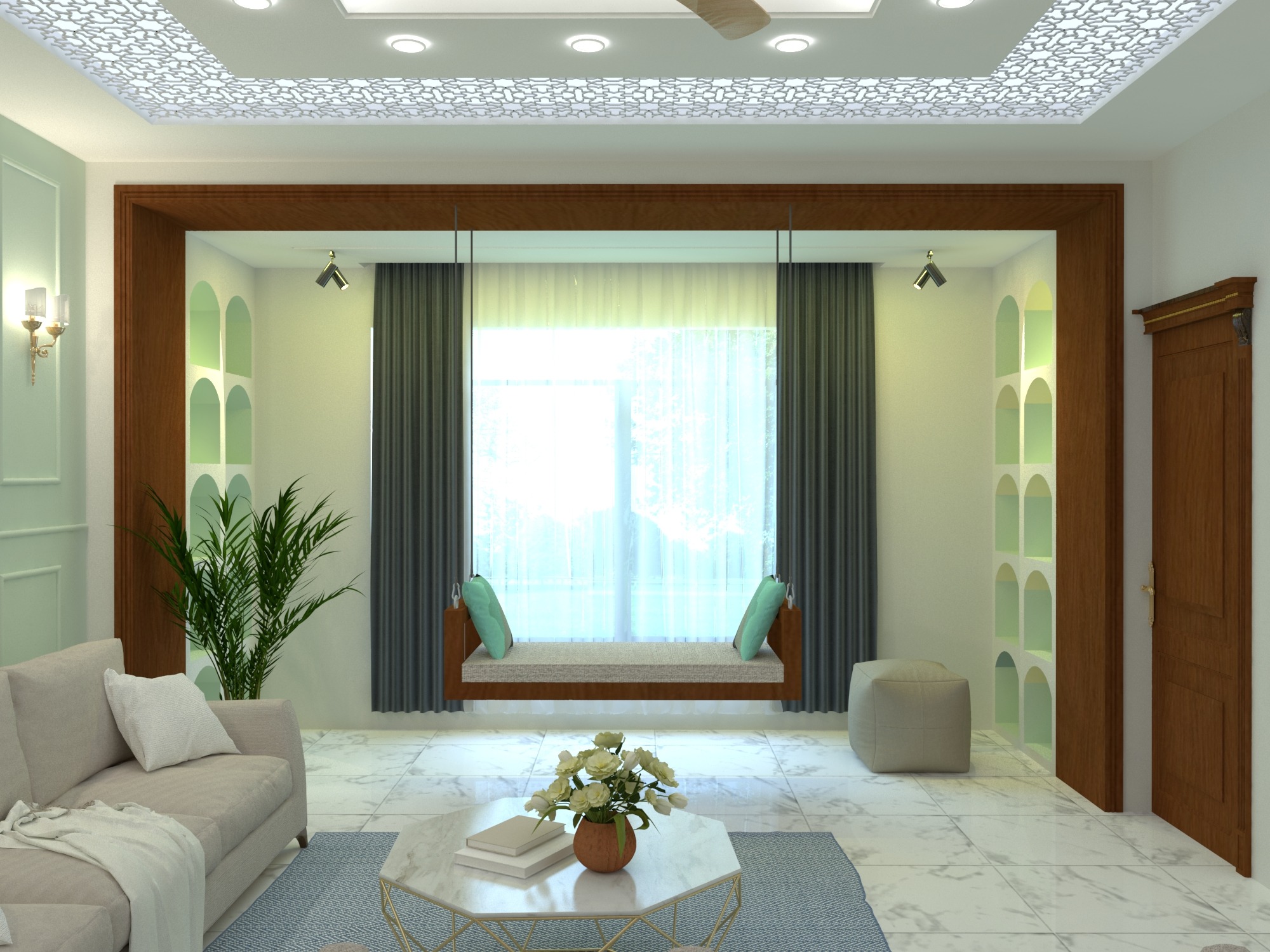 Bhatiari apartment — Living room — window seat and illuminated ceiling