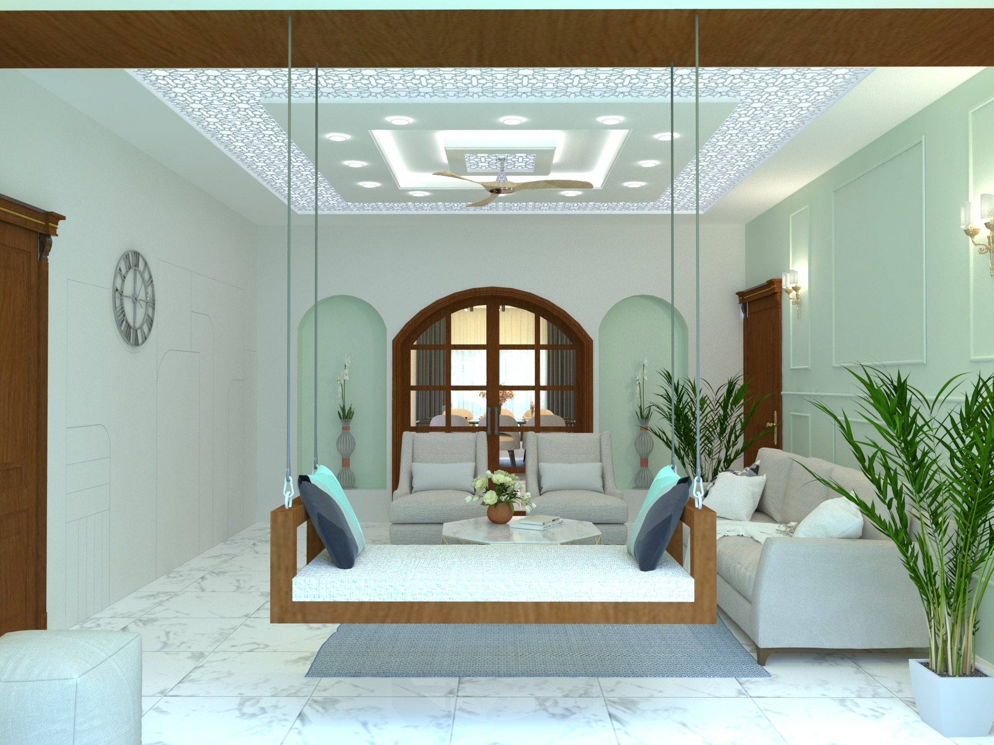 Bhatiari apartment — Living room — reverse view towards the arched partition