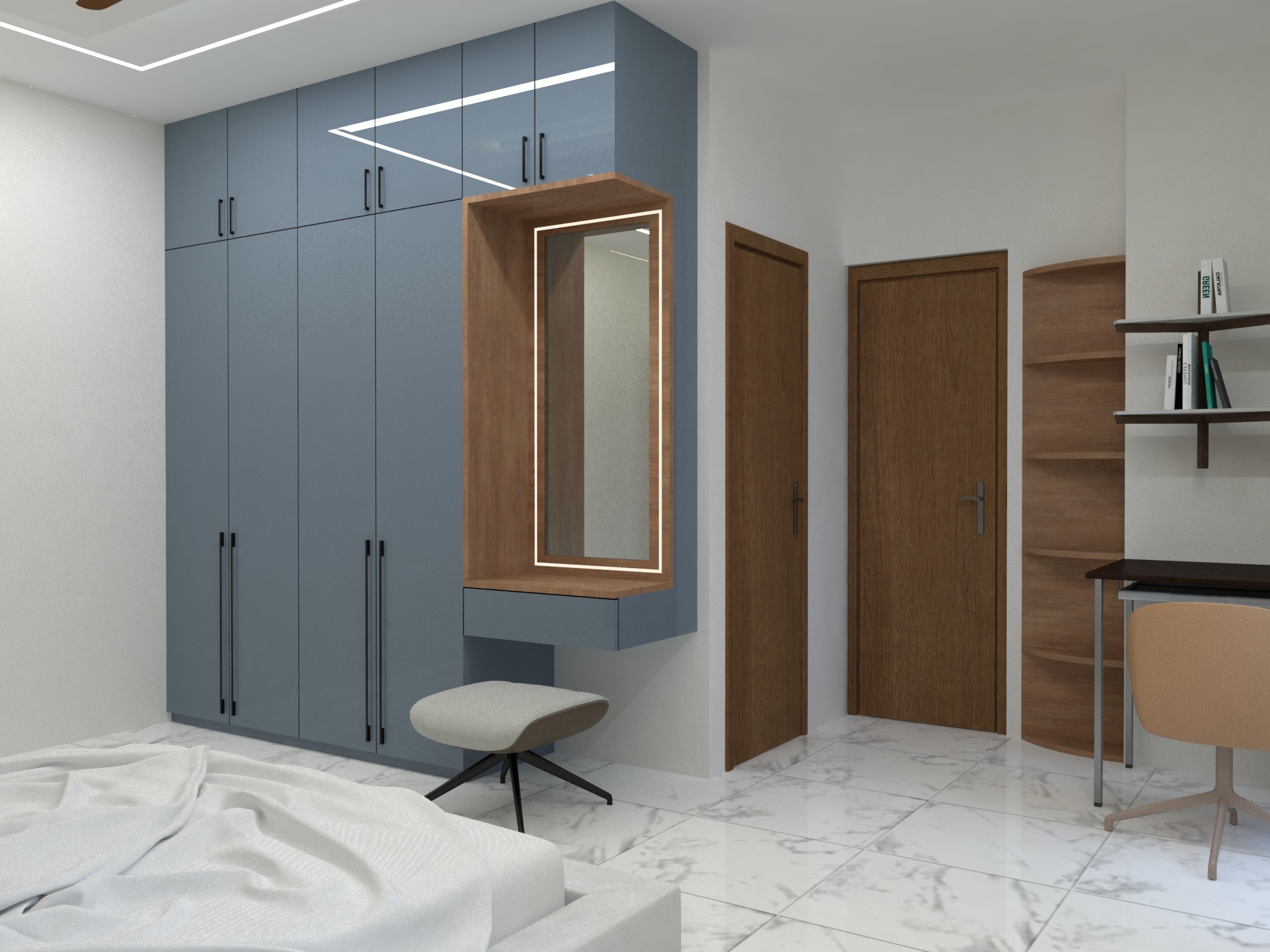 Bhatiari apartment — Bedroom one — wardrobe, dresser, and study desk
