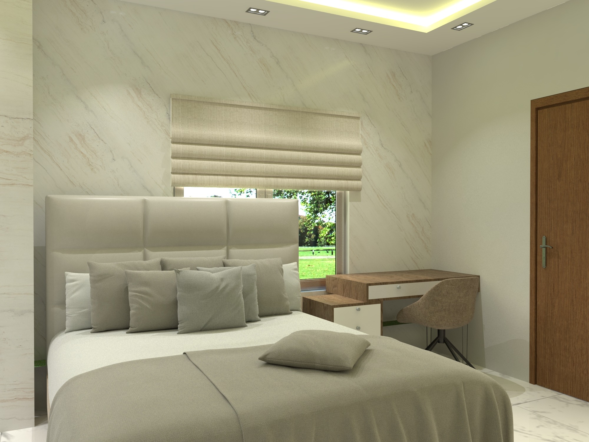 Bhatiari apartment — Bedroom two — upholstered bed and window-side desk