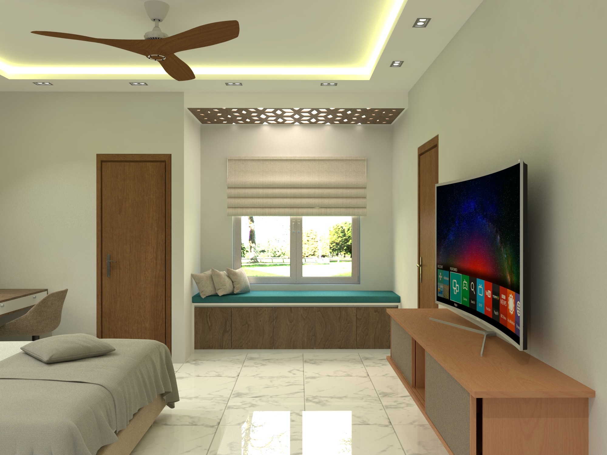 Bhatiari apartment — Bedroom two — TV wall and long study counter