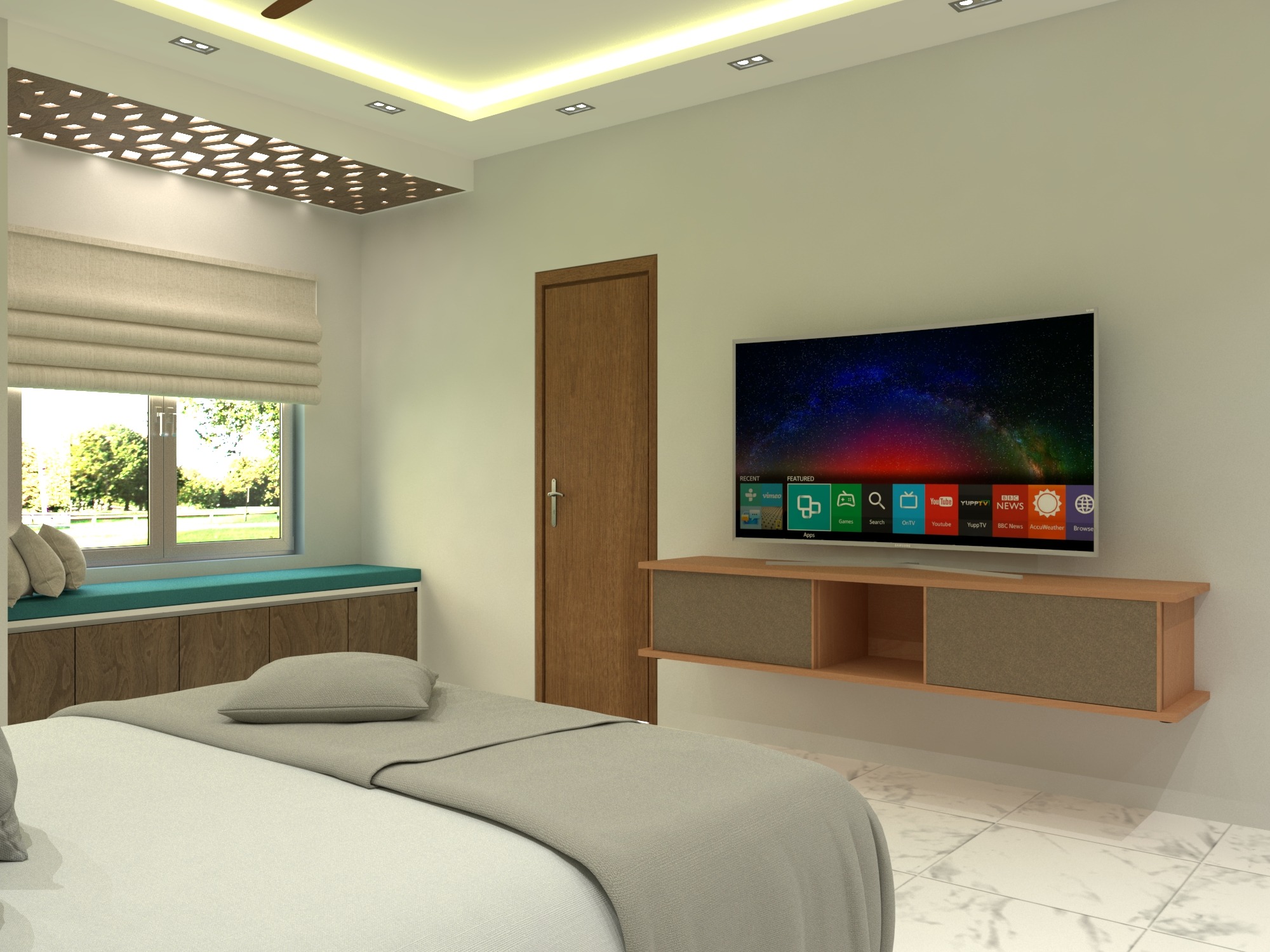 Bhatiari apartment — Bedroom two — media unit and window seat