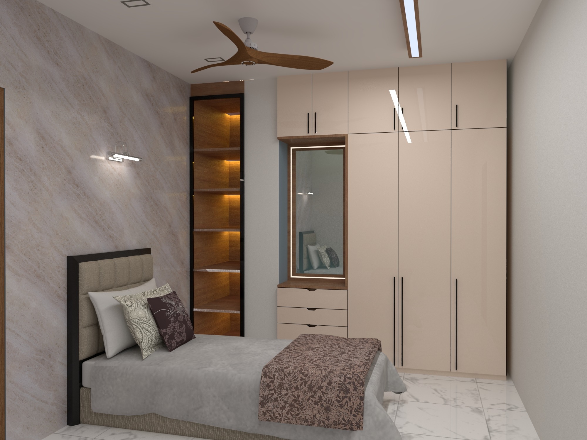 Bhatiari apartment — Bedroom three — bed, wardrobe, and illuminated display