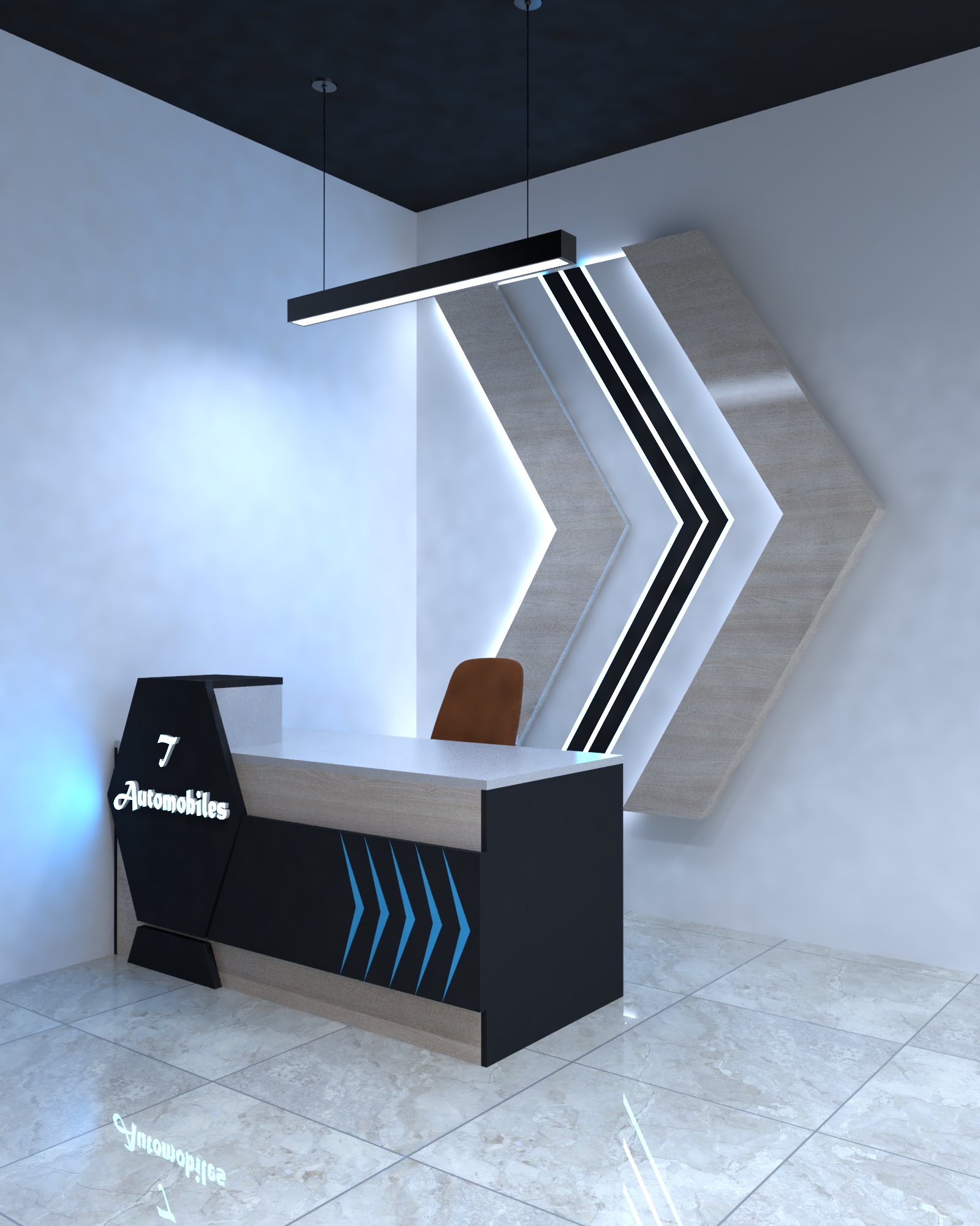 Car showroom office — Reception desk with illuminated wall feature