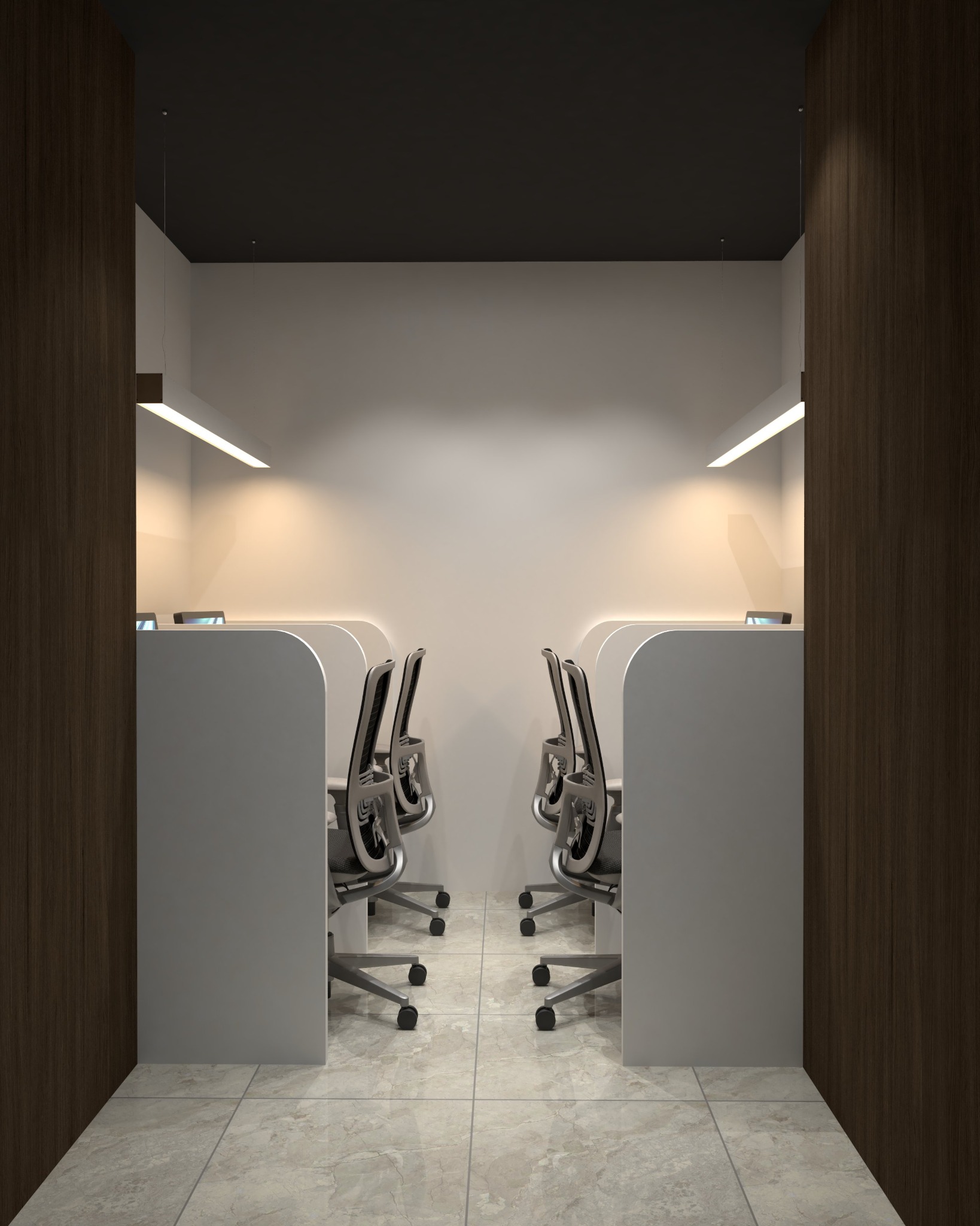 Car showroom office — Staff workstations — entrance view