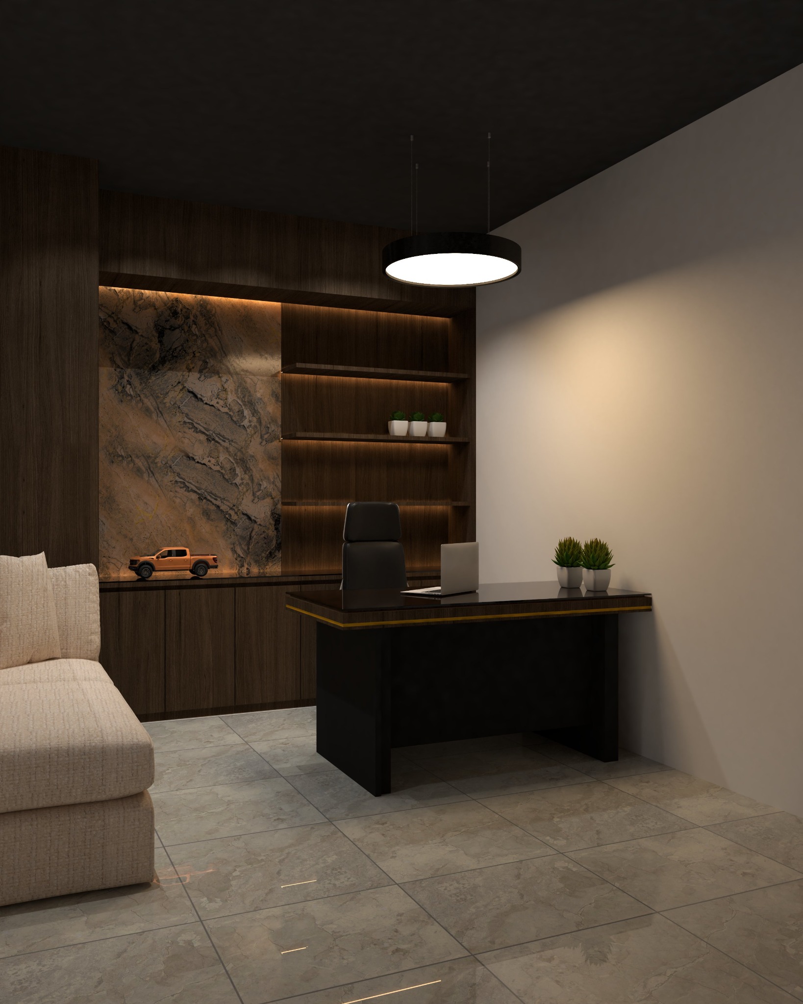 Car showroom office — Executive office — desk and display shelves
