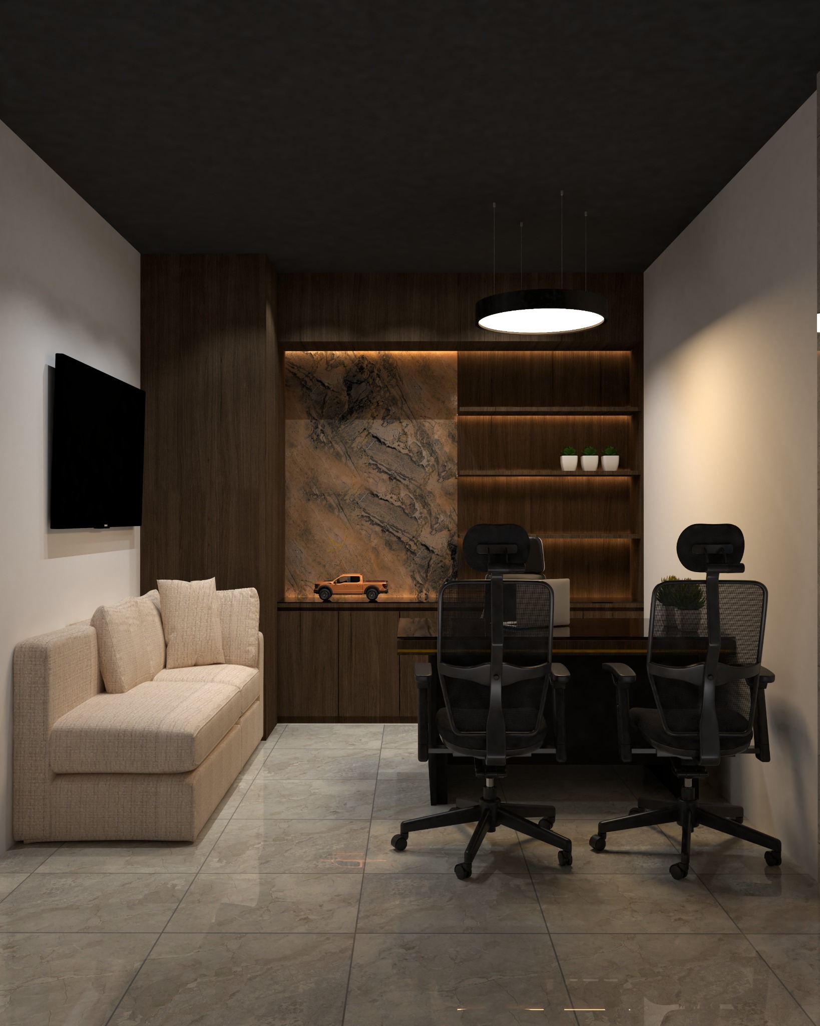 Car showroom executive office with a desk, visitor chairs, sofa, and illuminated display shelves