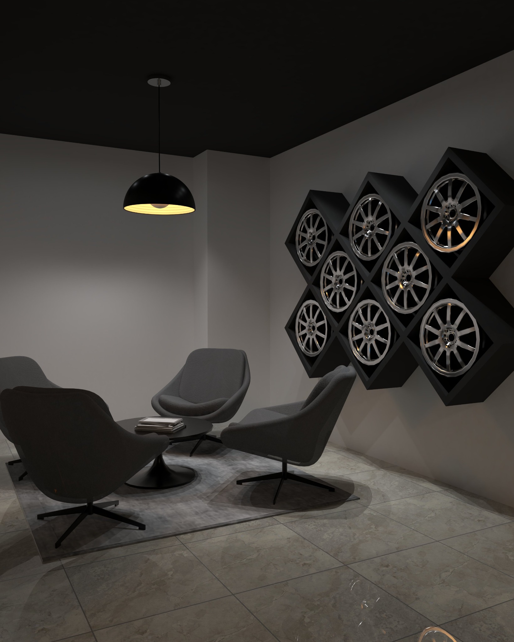 Car showroom office — Customer lounge — wheel display detail