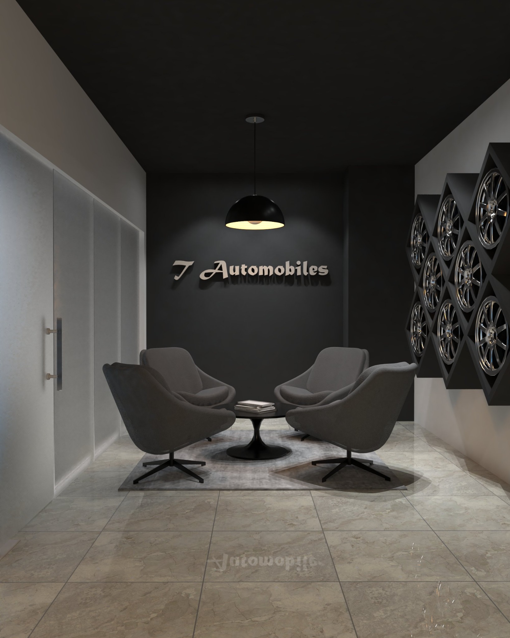 Car showroom office — Customer lounge — entrance and brand wall