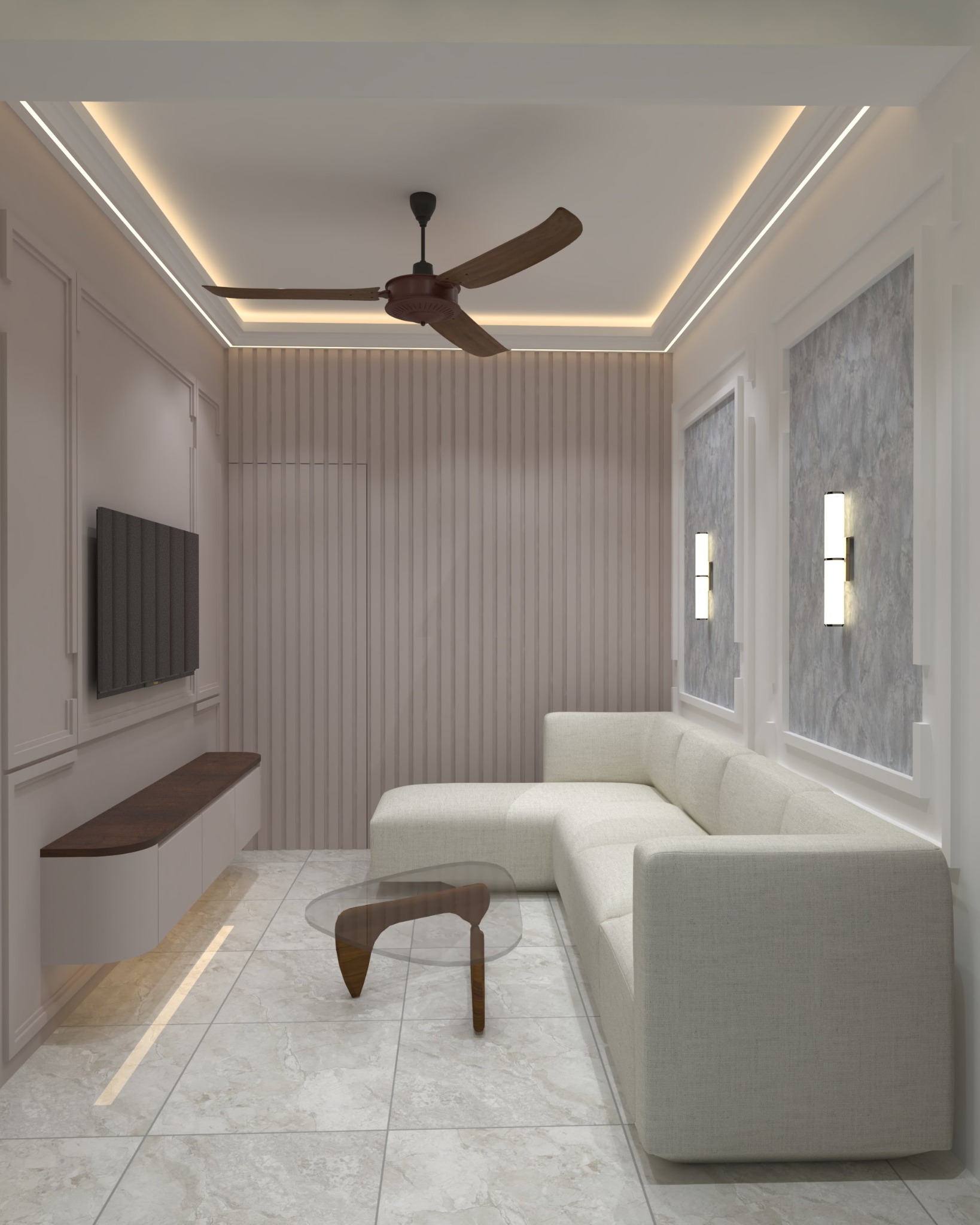 Cement Crossing apartment living room with pale seating, decorative wall panels, and warm ceiling lighting