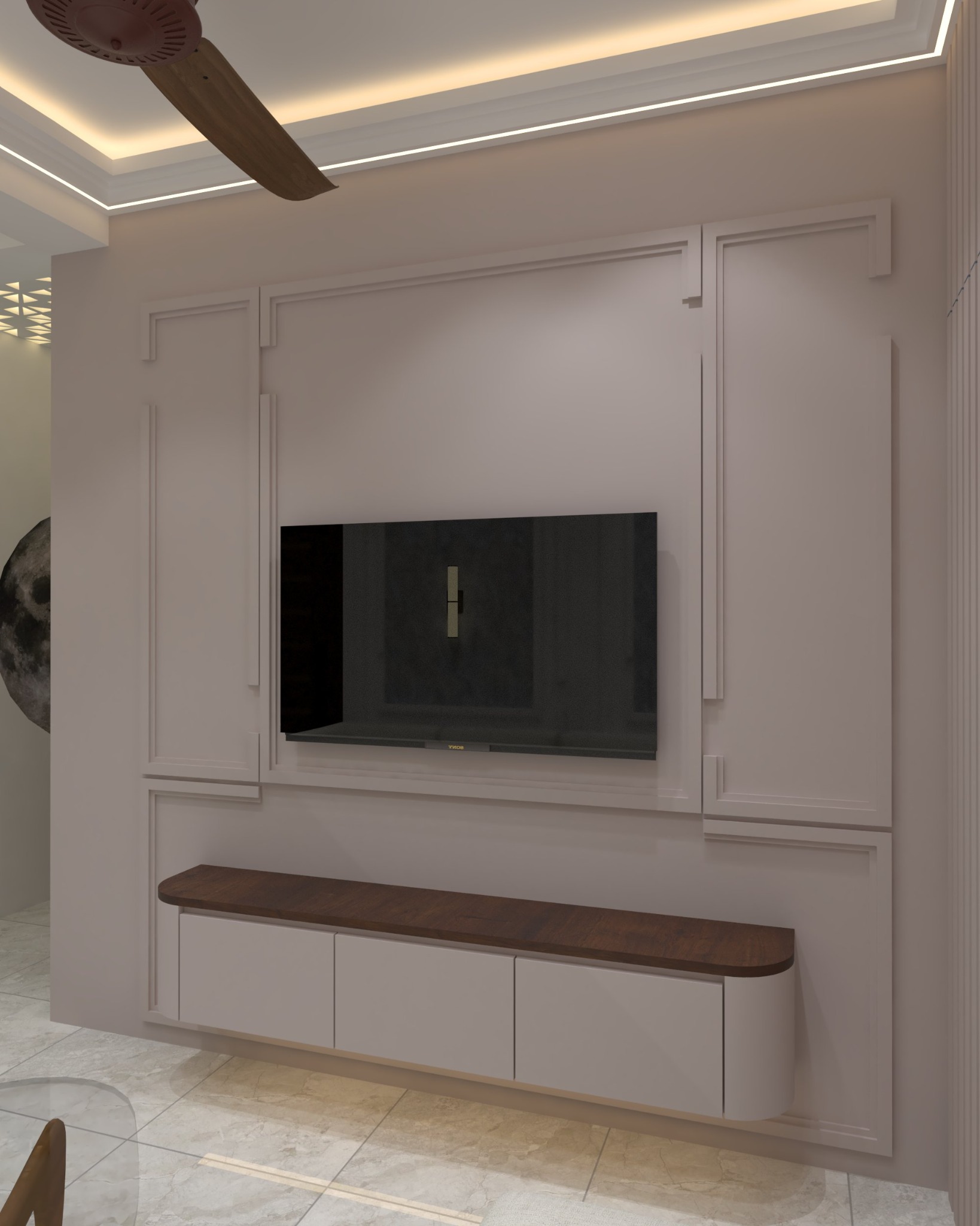 Cement Crossing apartment — Living room — TV wall and floating console