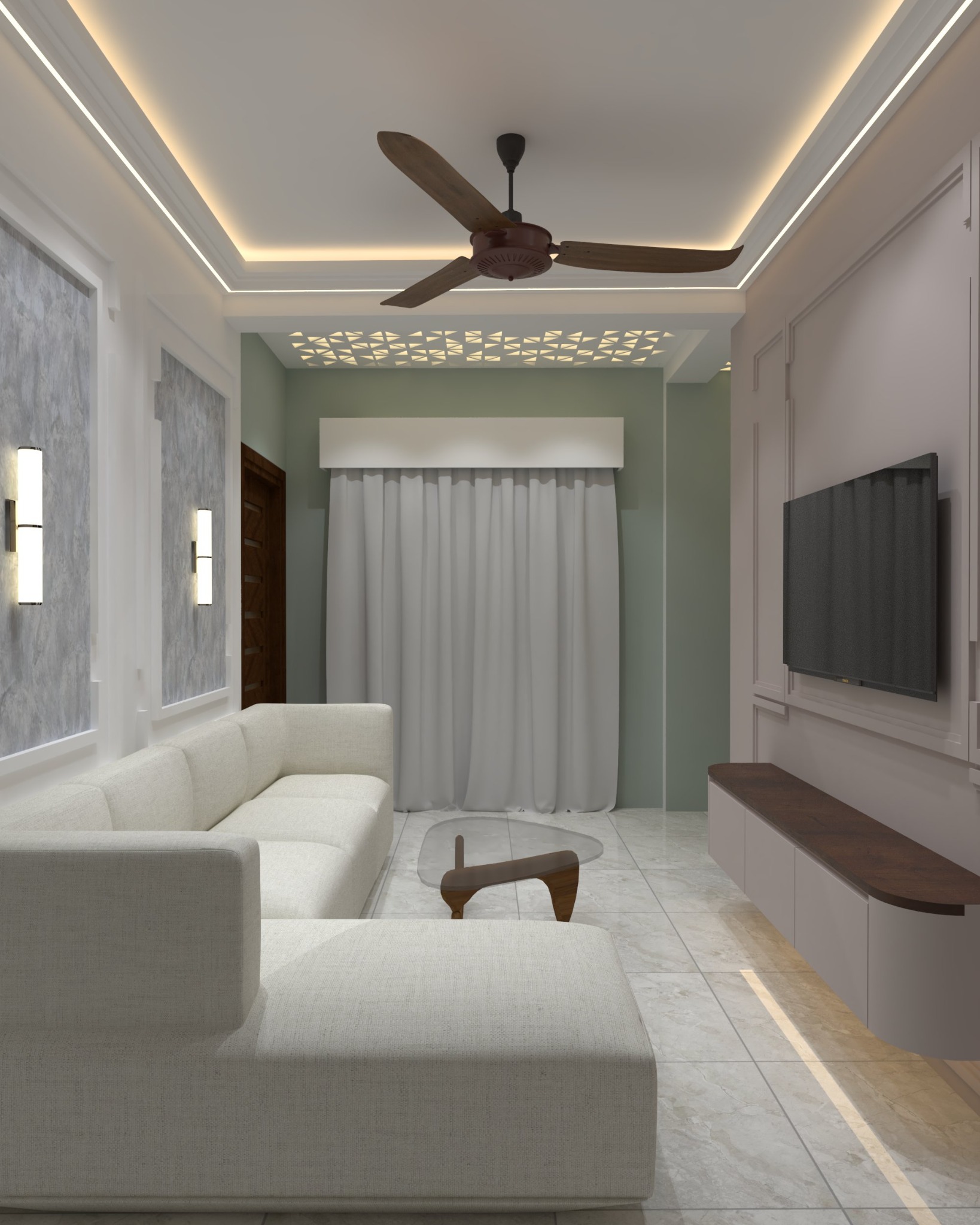 Cement Crossing apartment — Living room — reverse view towards the curtains