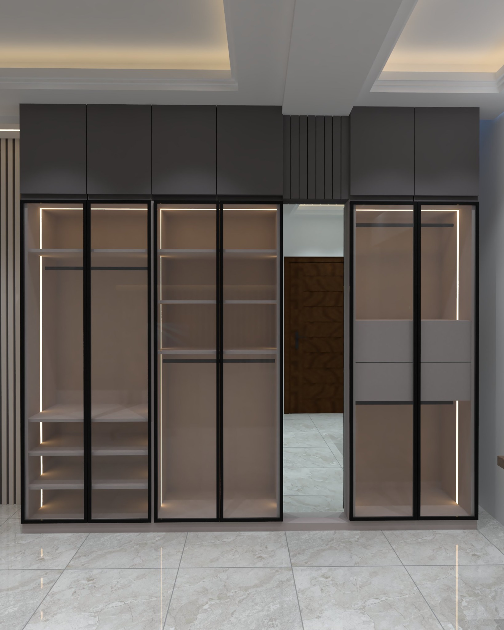 Cement Crossing apartment — Bedroom — illuminated glass-front wardrobe