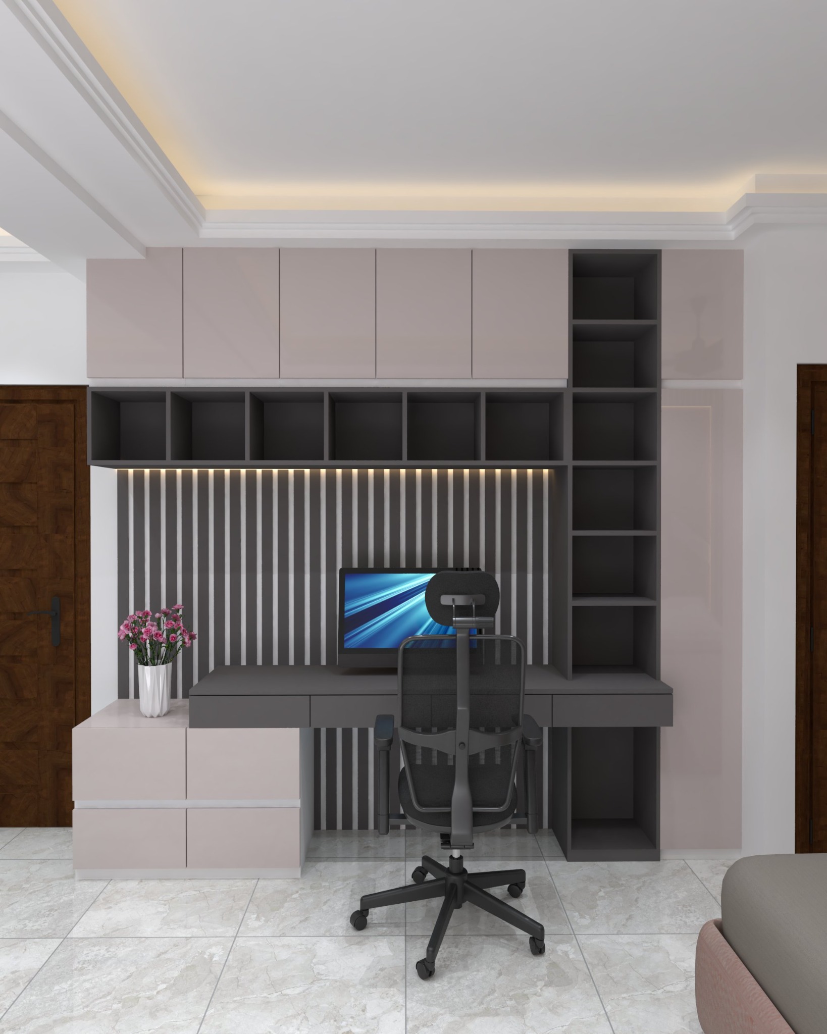 Cement Crossing apartment — Study desk with integrated storage