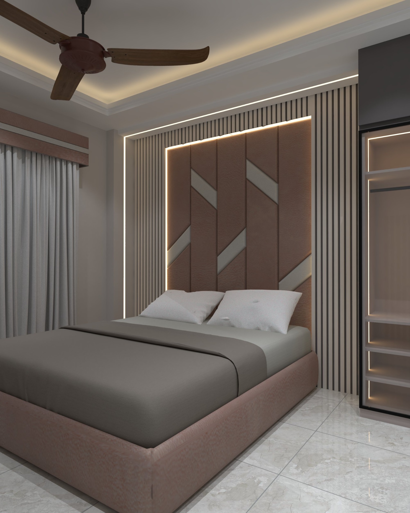 Cement Crossing apartment — Bedroom — upholstered bed and feature wall
