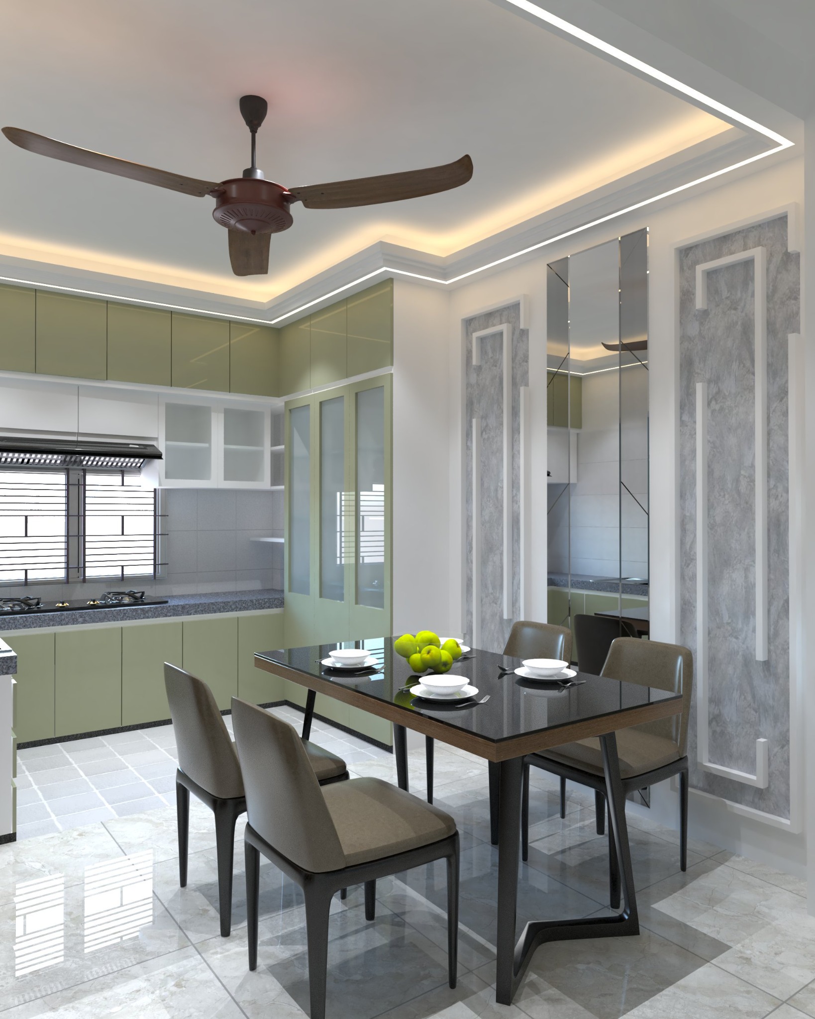 Cement Crossing apartment — Dining area — wall panels and seating