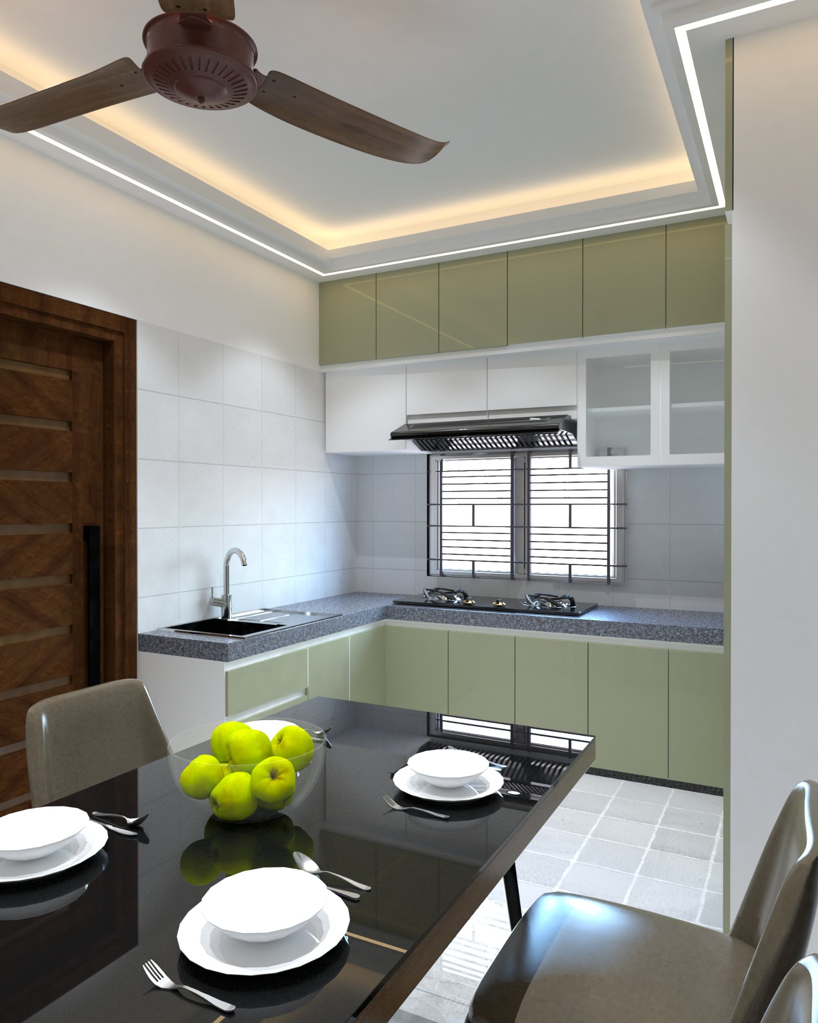 Cement Crossing apartment — Kitchen — cabinetry and dining connection