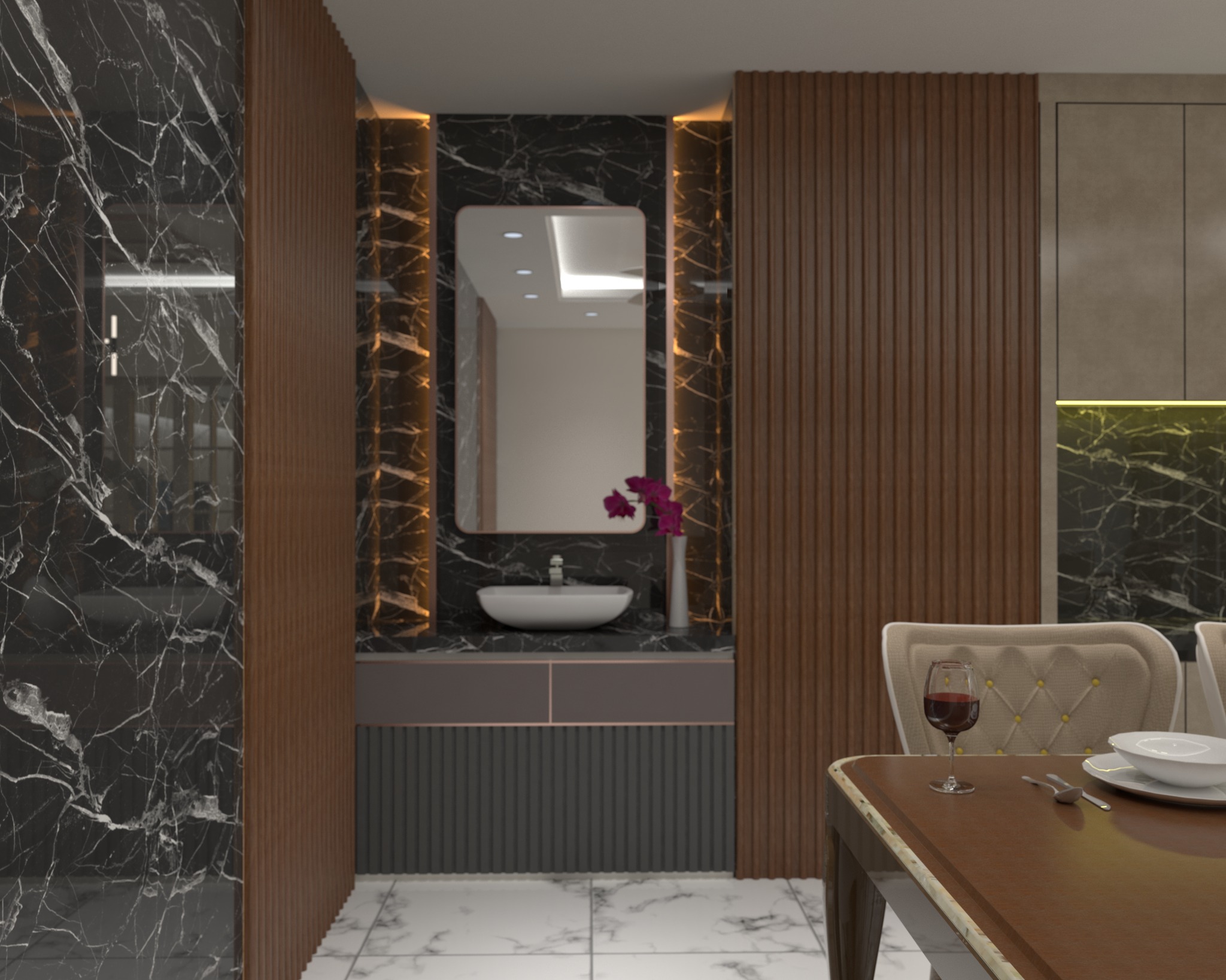 Chandgao apartment — Dining area — wash basin and mirror