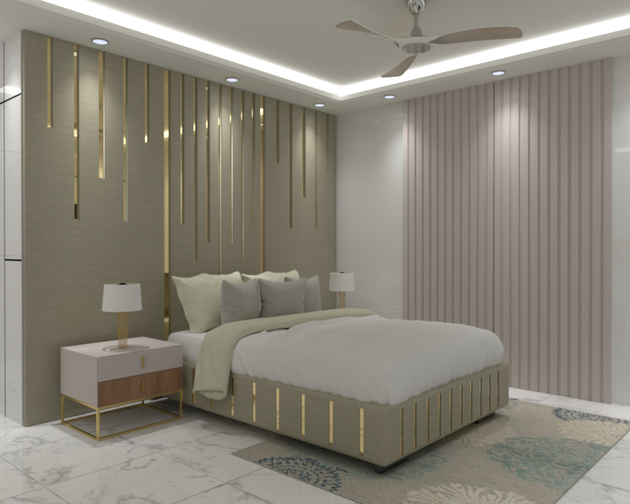 Chandgao apartment — Bedroom one — bed and decorative headboard