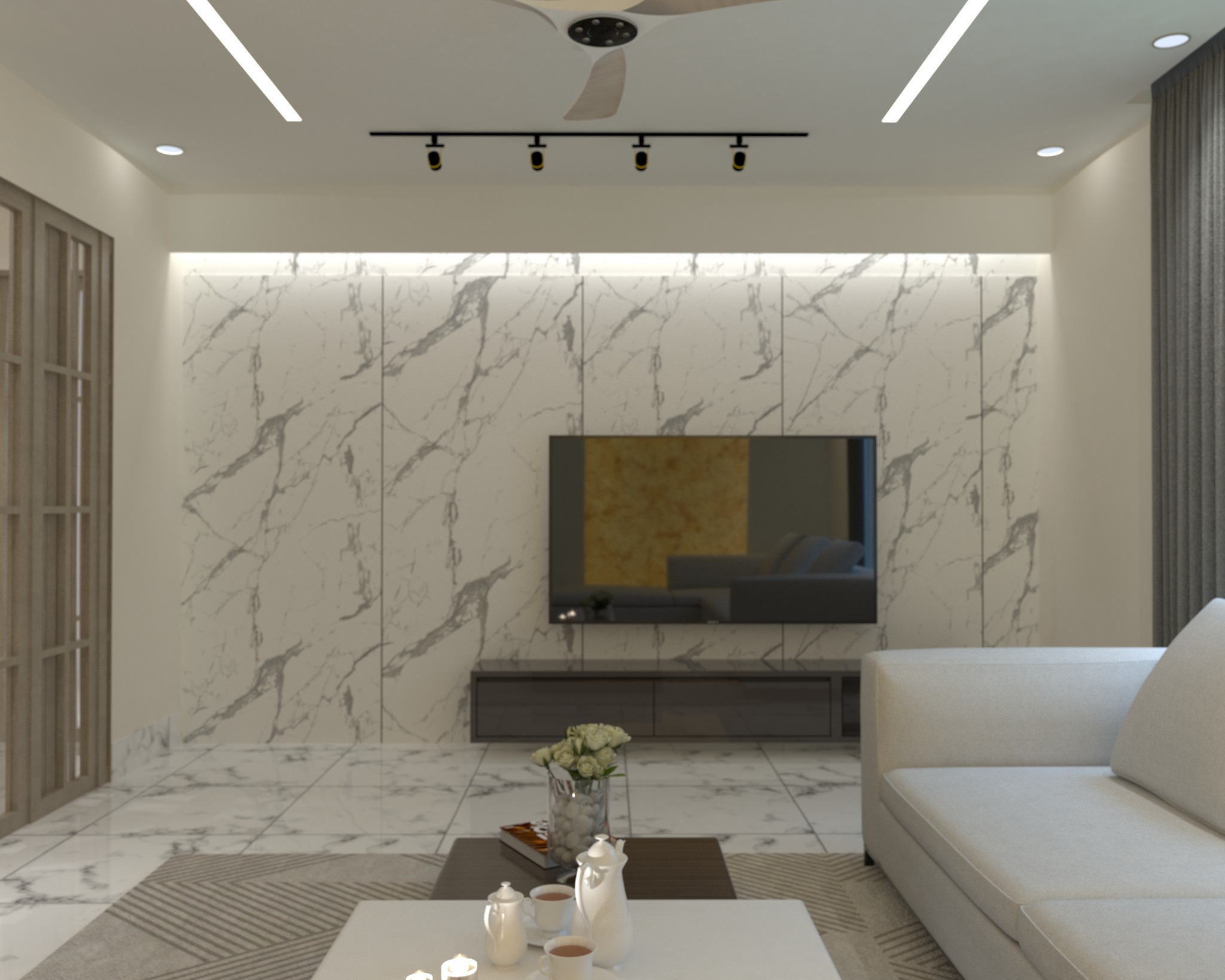 Chandgao apartment — Living room — marble-effect TV wall