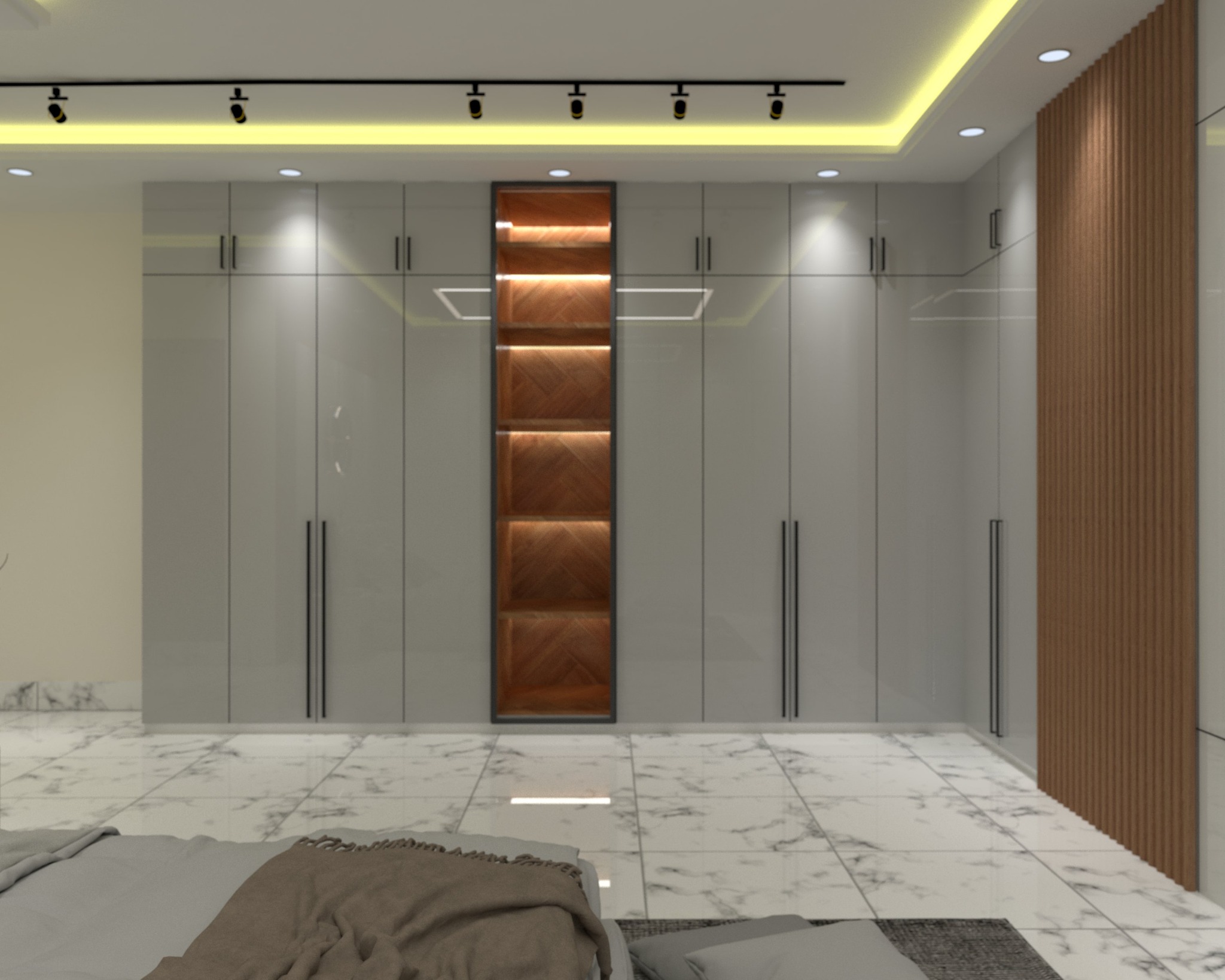 Chandgao apartment — Bedroom two — wardrobe and illuminated shelves