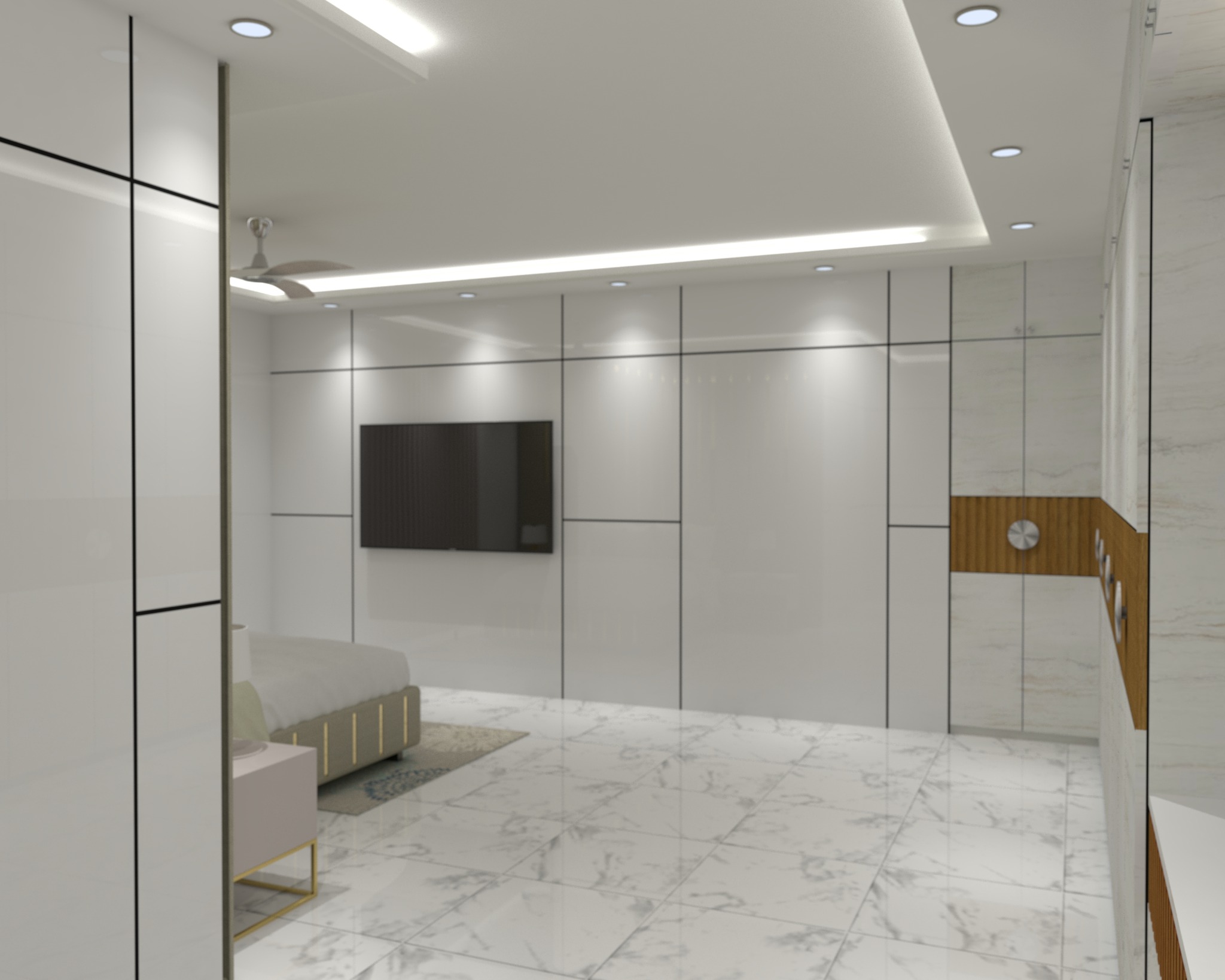 Chandgao apartment — Bedroom one — TV wall and wall panelling