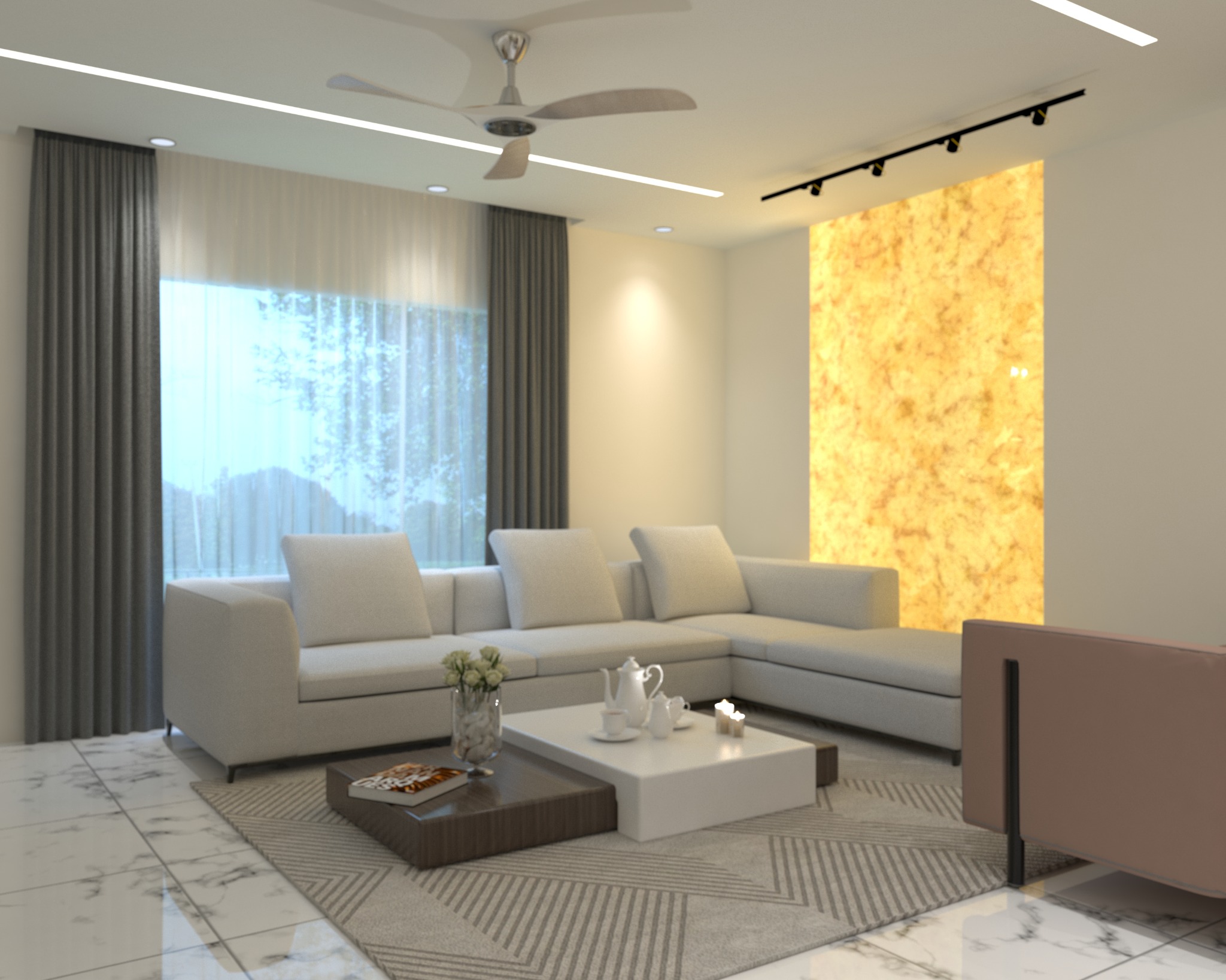 Chandgao apartment living room with pale seating, a coffee table, and an illuminated feature wall