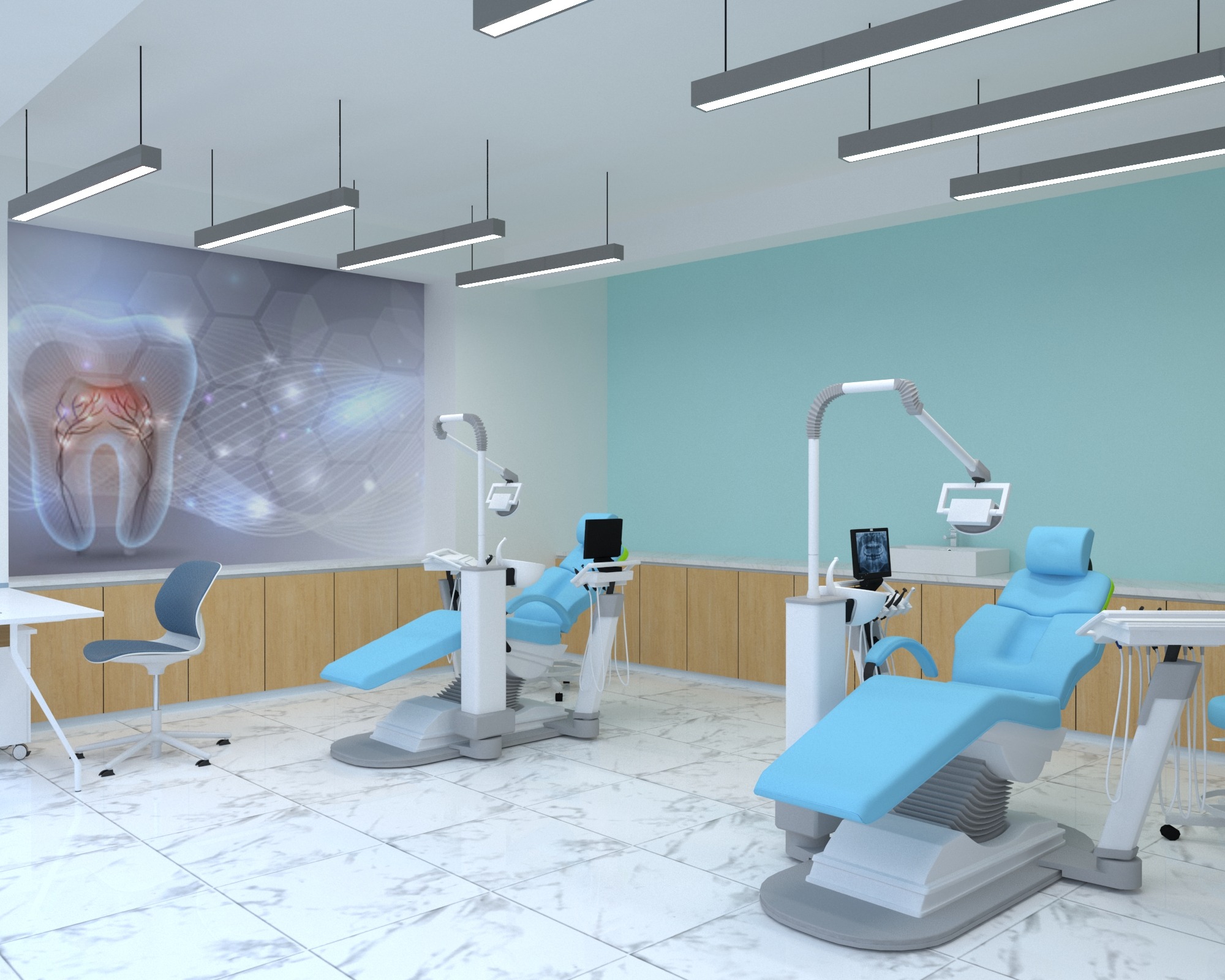 Dentist chamber at Golpahar Circle with blue dental chairs, aqua walls, a tooth mural, and linear pendant lights