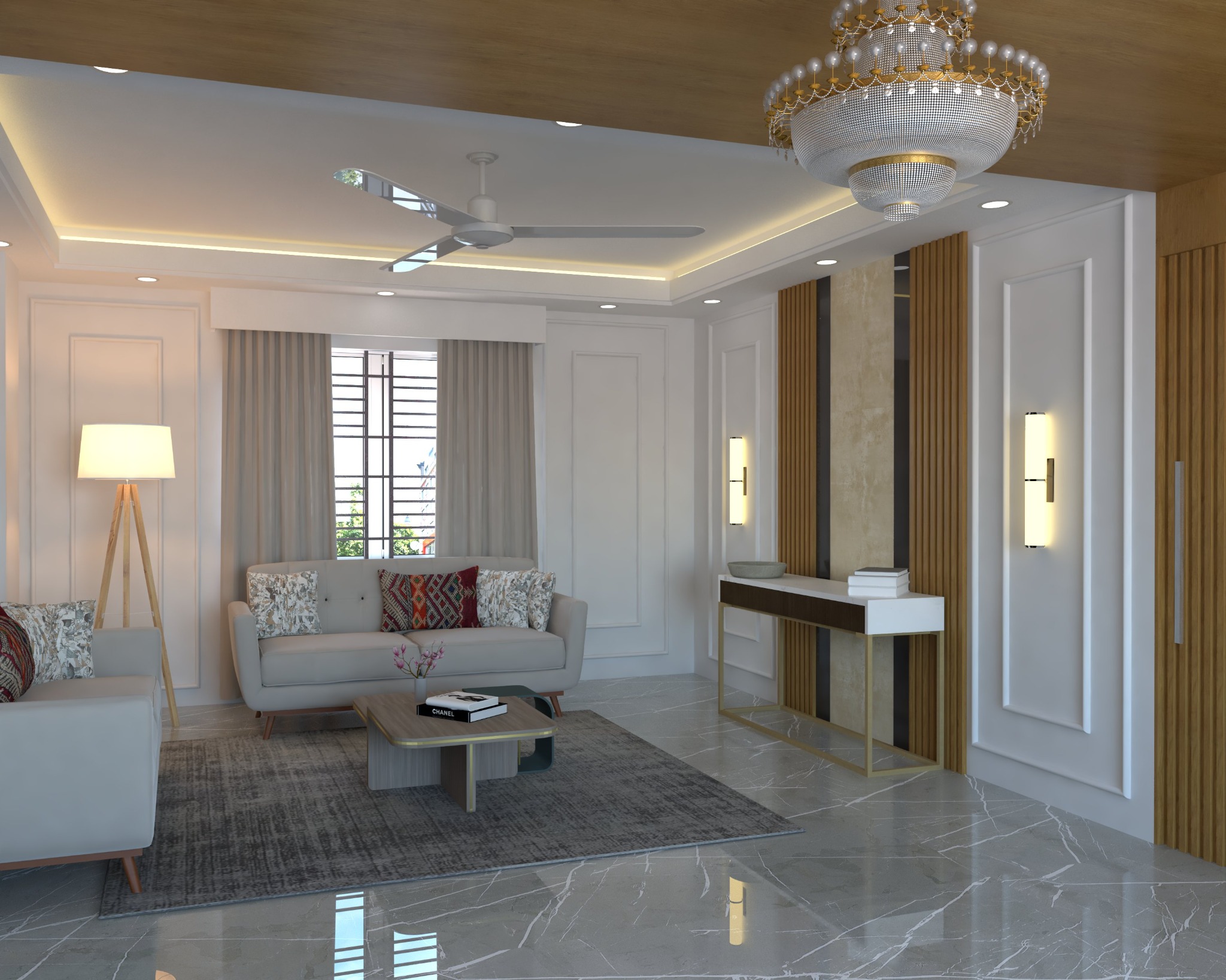 Faridapara apartment living room with pale seating, wall mouldings, wood accents, and warm ceiling lighting