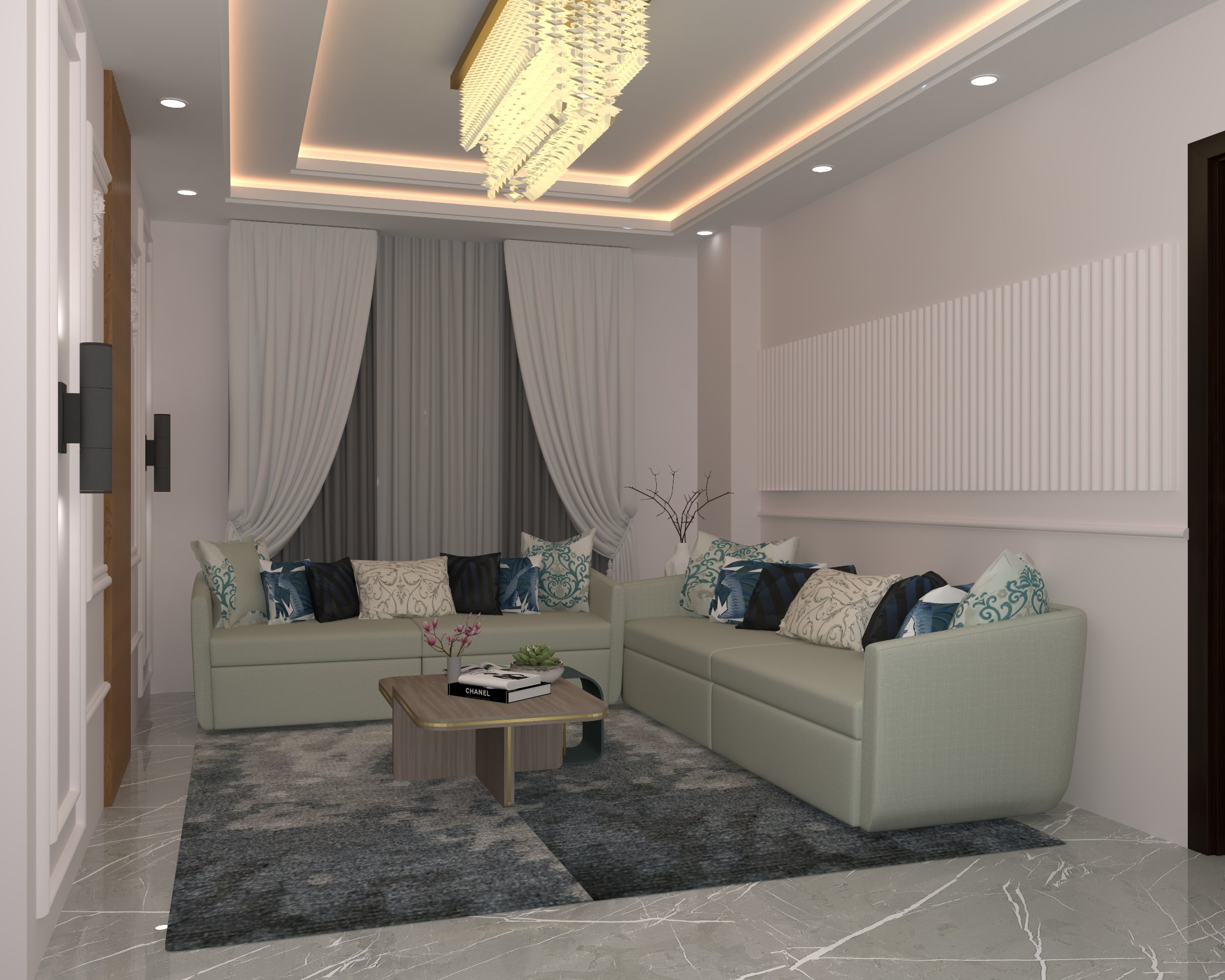 Faridapara apartment — Lounge — seating and wall panelling