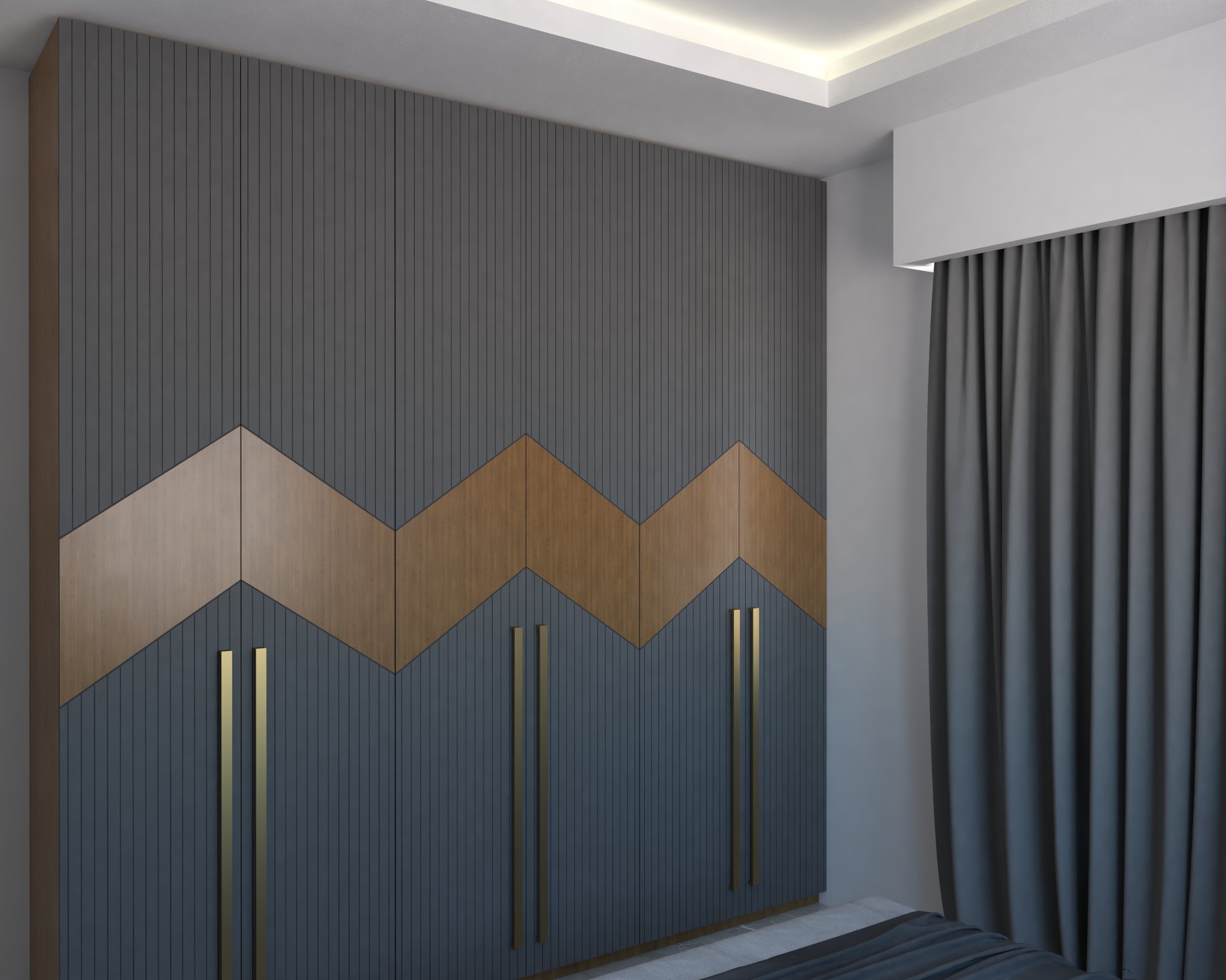 Faridapara apartment — Bedroom one — geometric wardrobe design