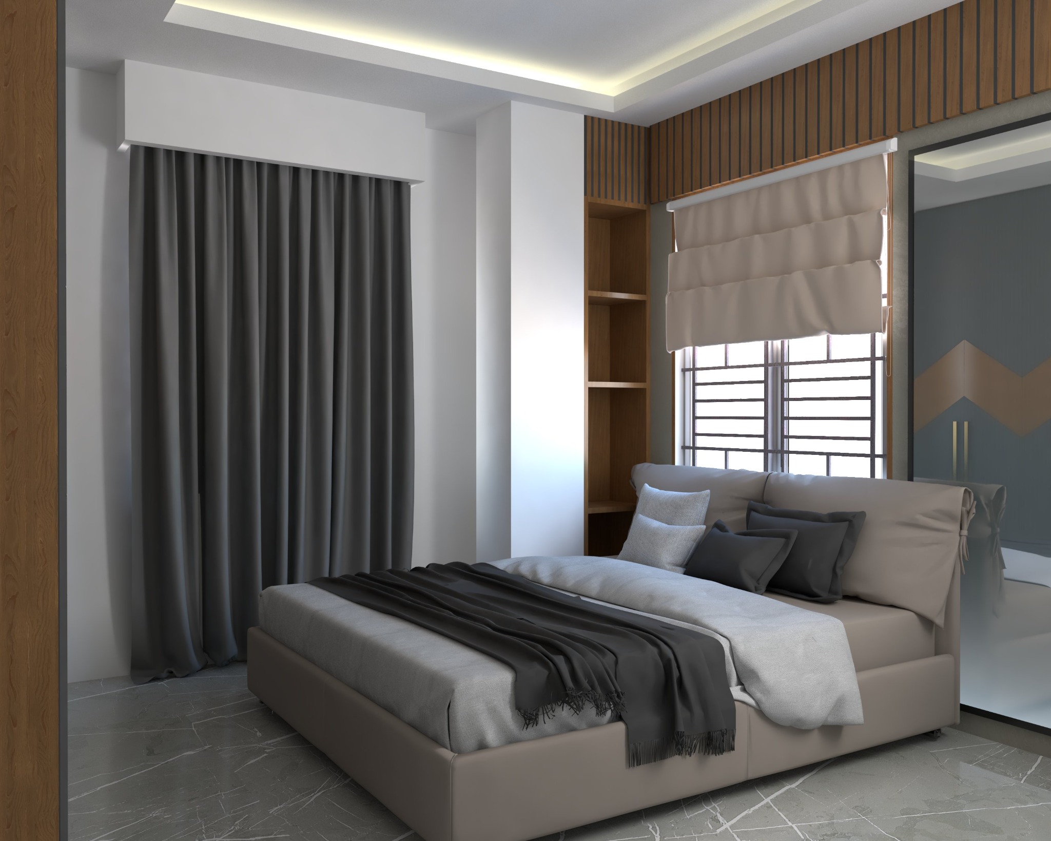 Faridapara apartment — Bedroom one — bed and storage