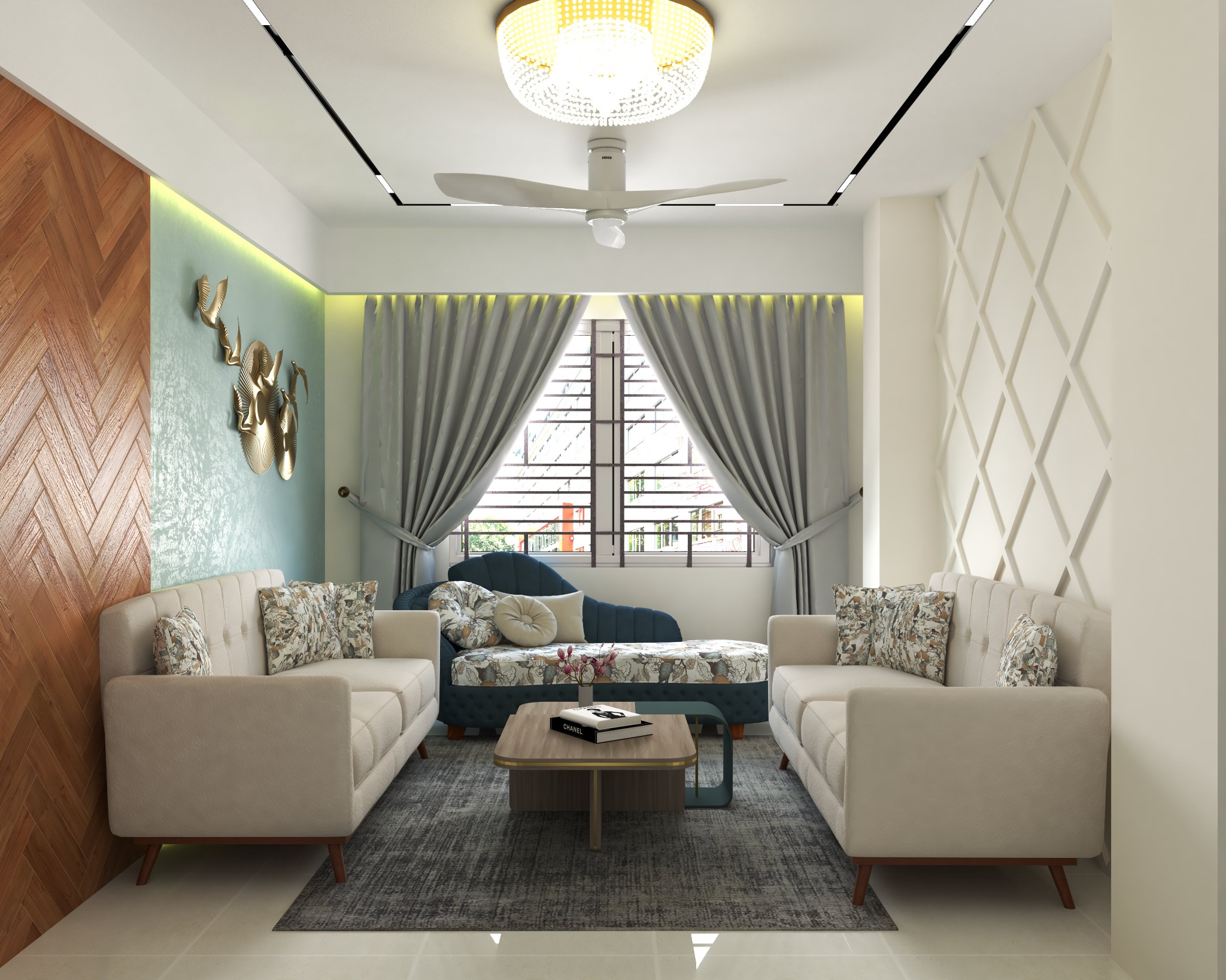 Residential living room at Hakkani Petrol Pump, Eidgah, Chittagong, with modern seating, feature wall, curtains, and layered ceiling lighting