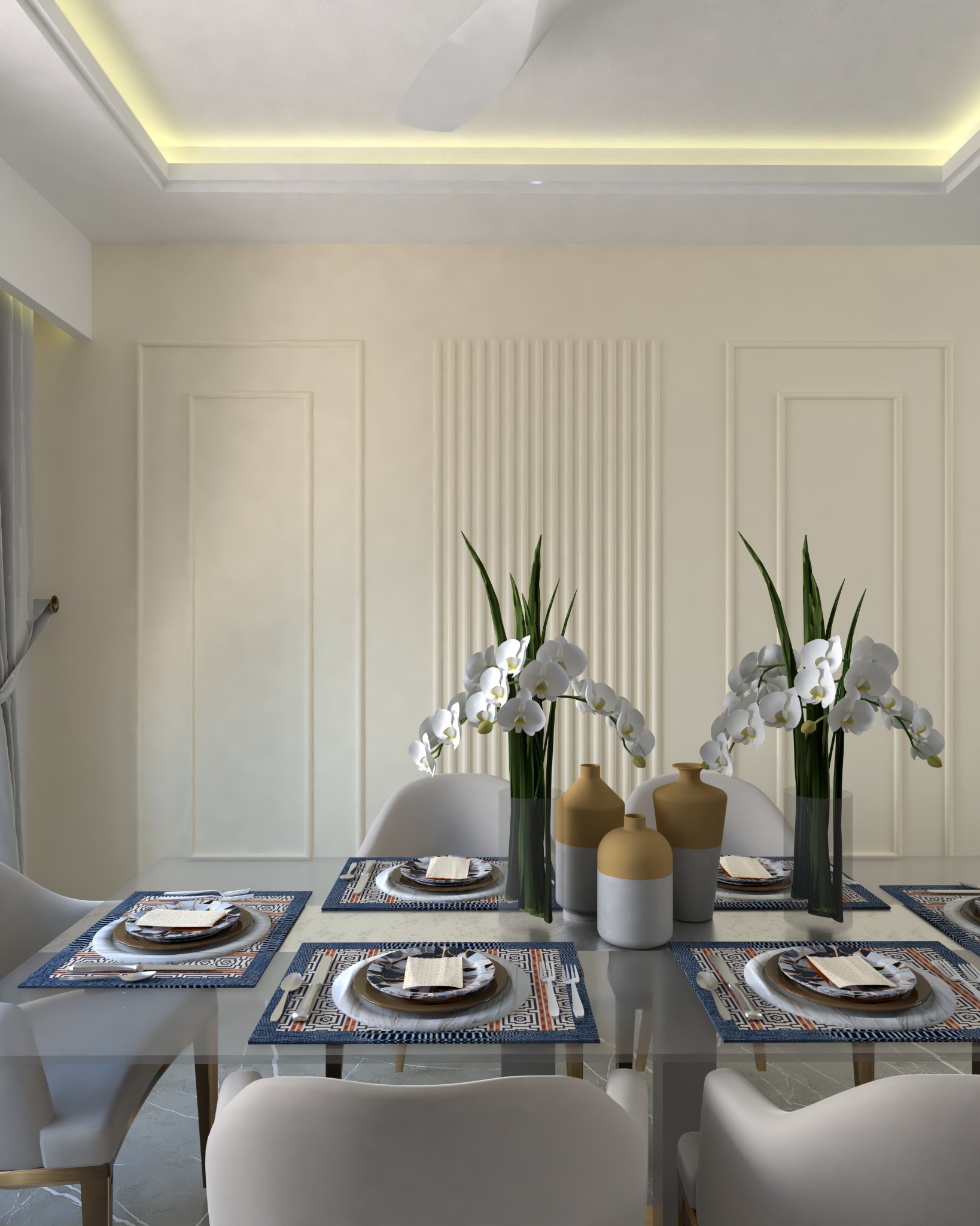 Hakkani residential project — Dining area — table styling and wall panelling