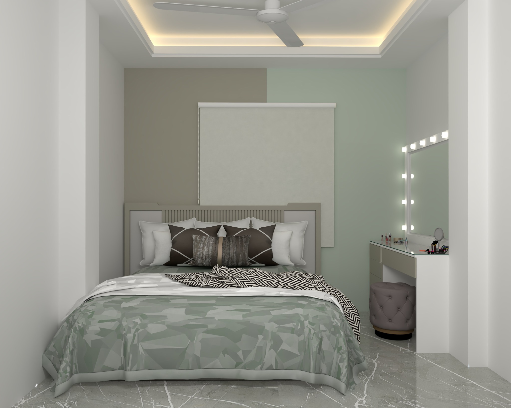 Hakkani residential project — Bedroom one — bed, feature wall, and dressing unit