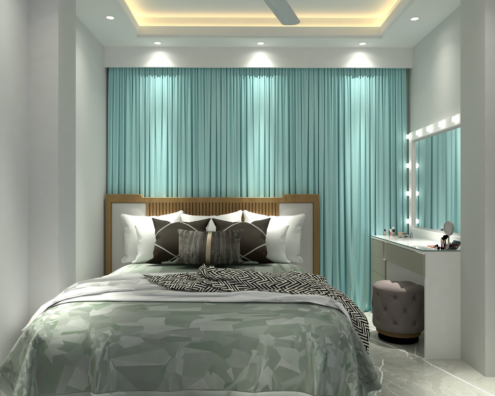 Hakkani residential project — Bedroom two — teal feature wall and dressing table