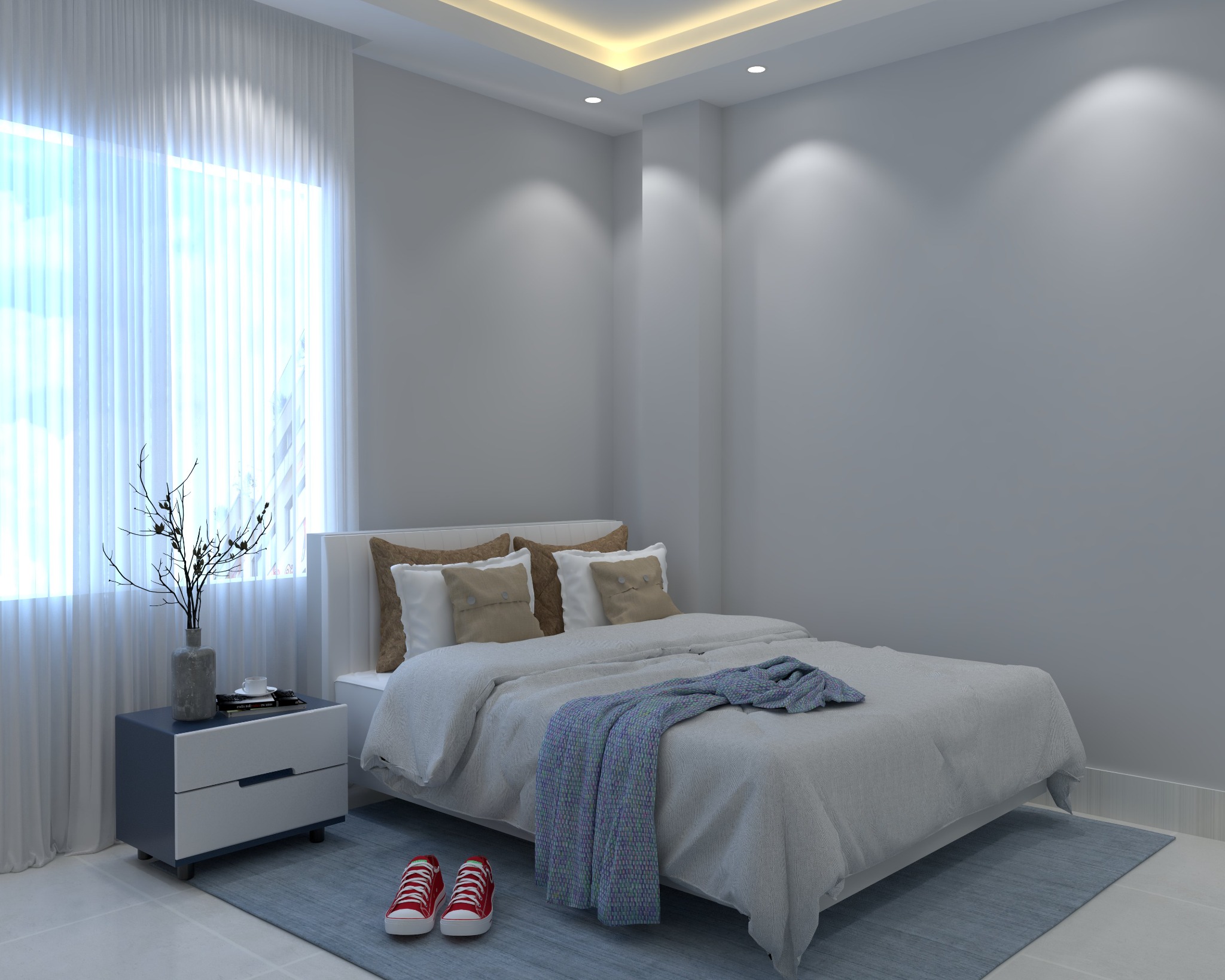 Hakkani residential project — Bedroom three — soft grey palette and bedside table