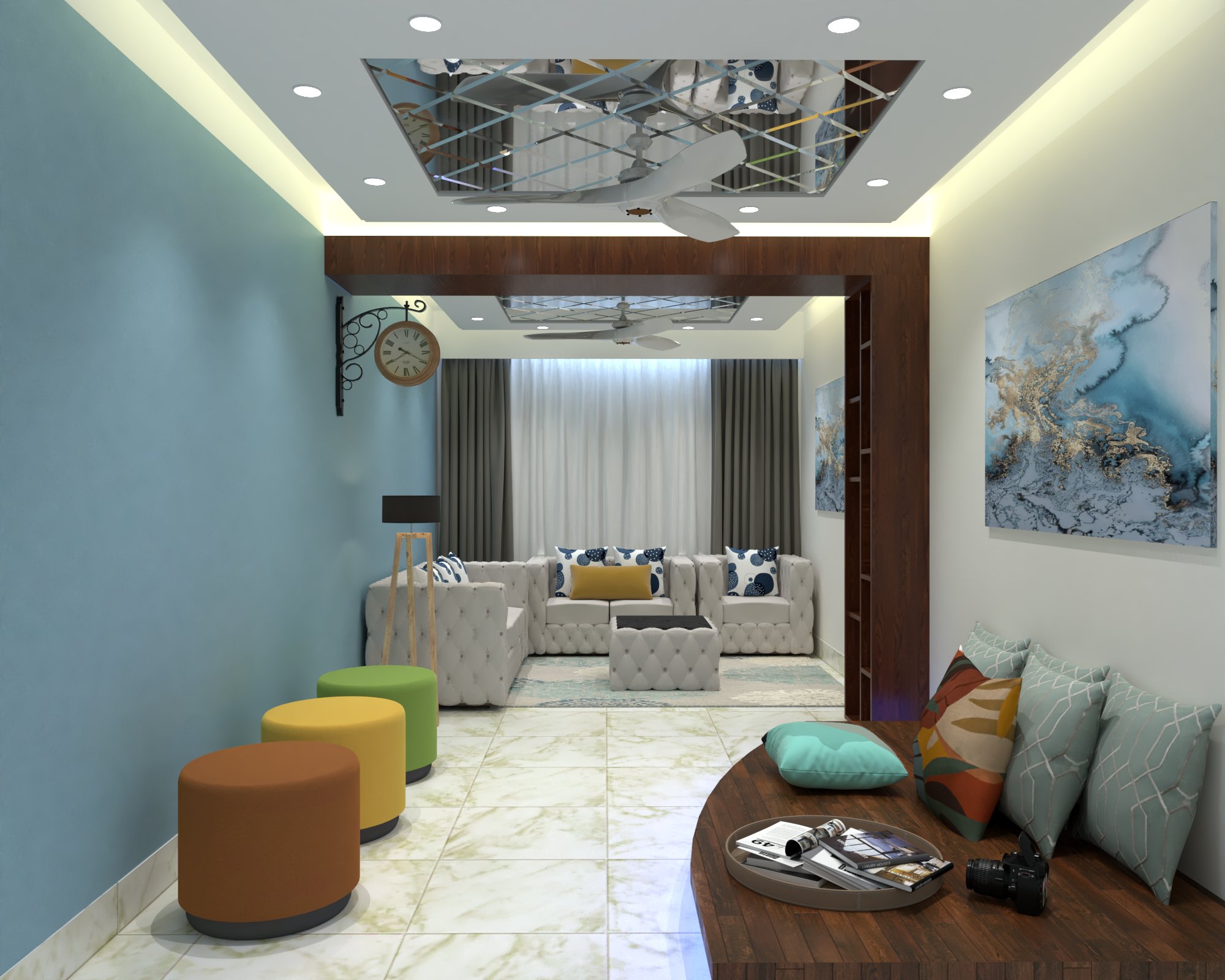 Apartment living room at Halishahar, Chittagong, with coordinated seating, framed lounge entrance, and layered ceiling lighting