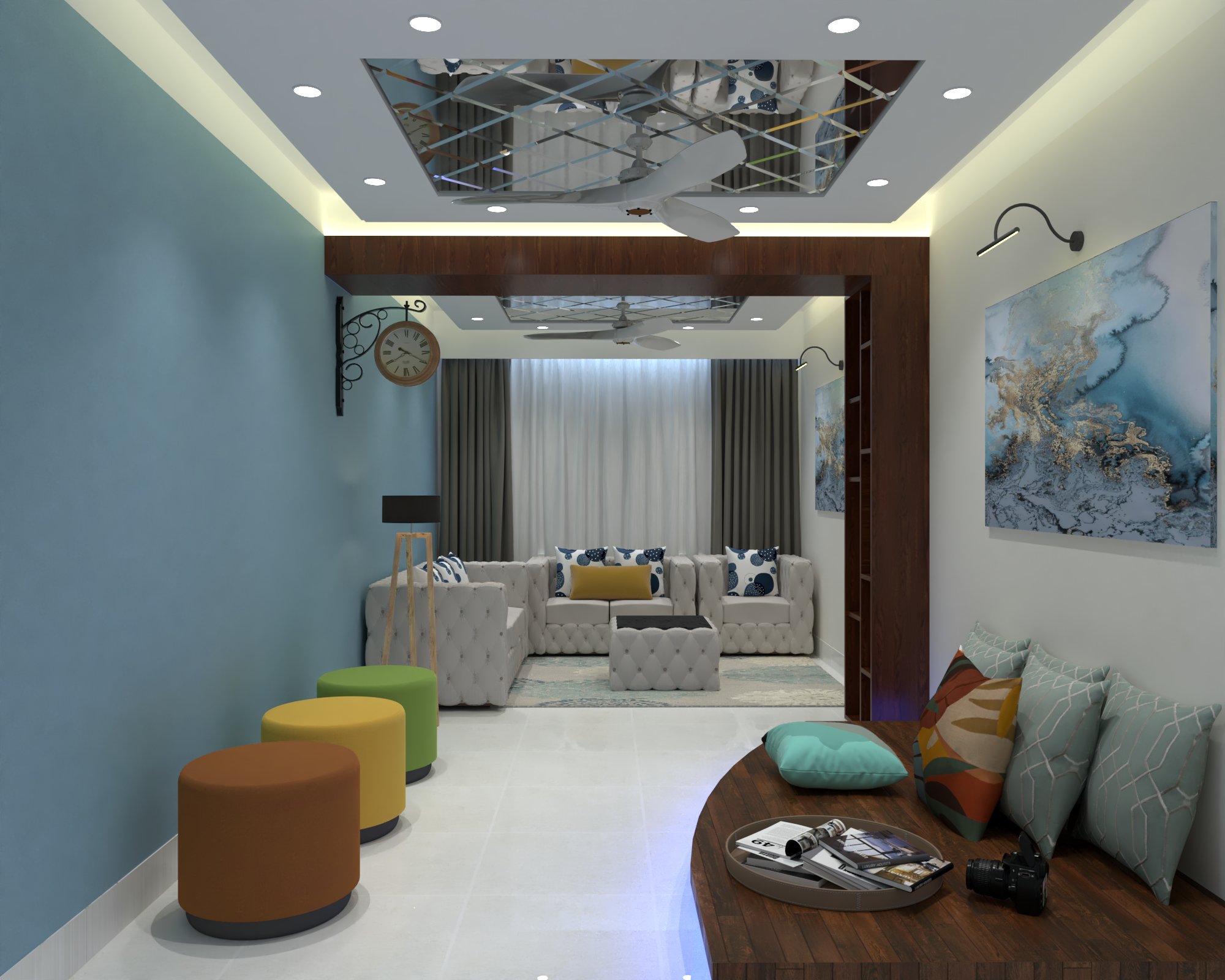 Halishahar apartment — Living room — lounge connection and ceiling detail