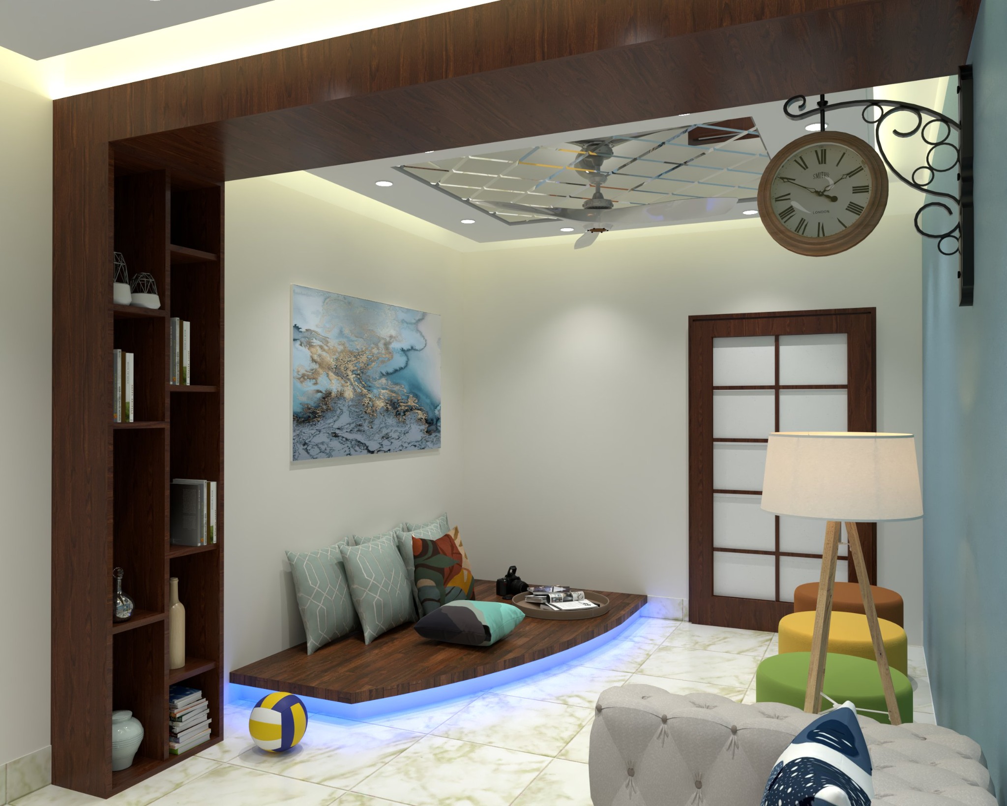 Halishahar apartment — Lounge — shelving, floor seating, and feature clock