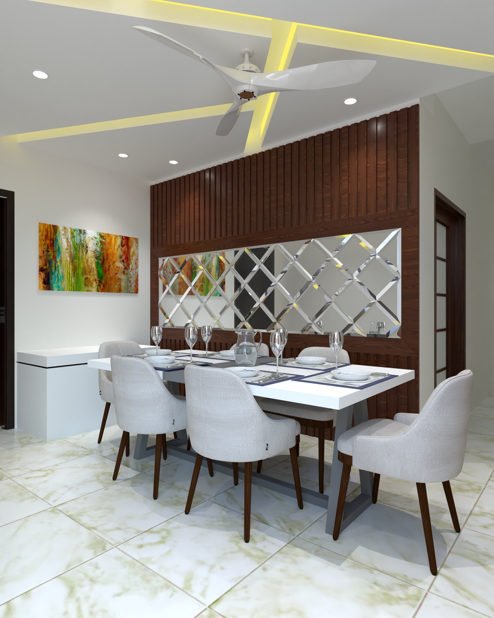 Halishahar apartment — Dining area — mirror wall and ceiling lighting