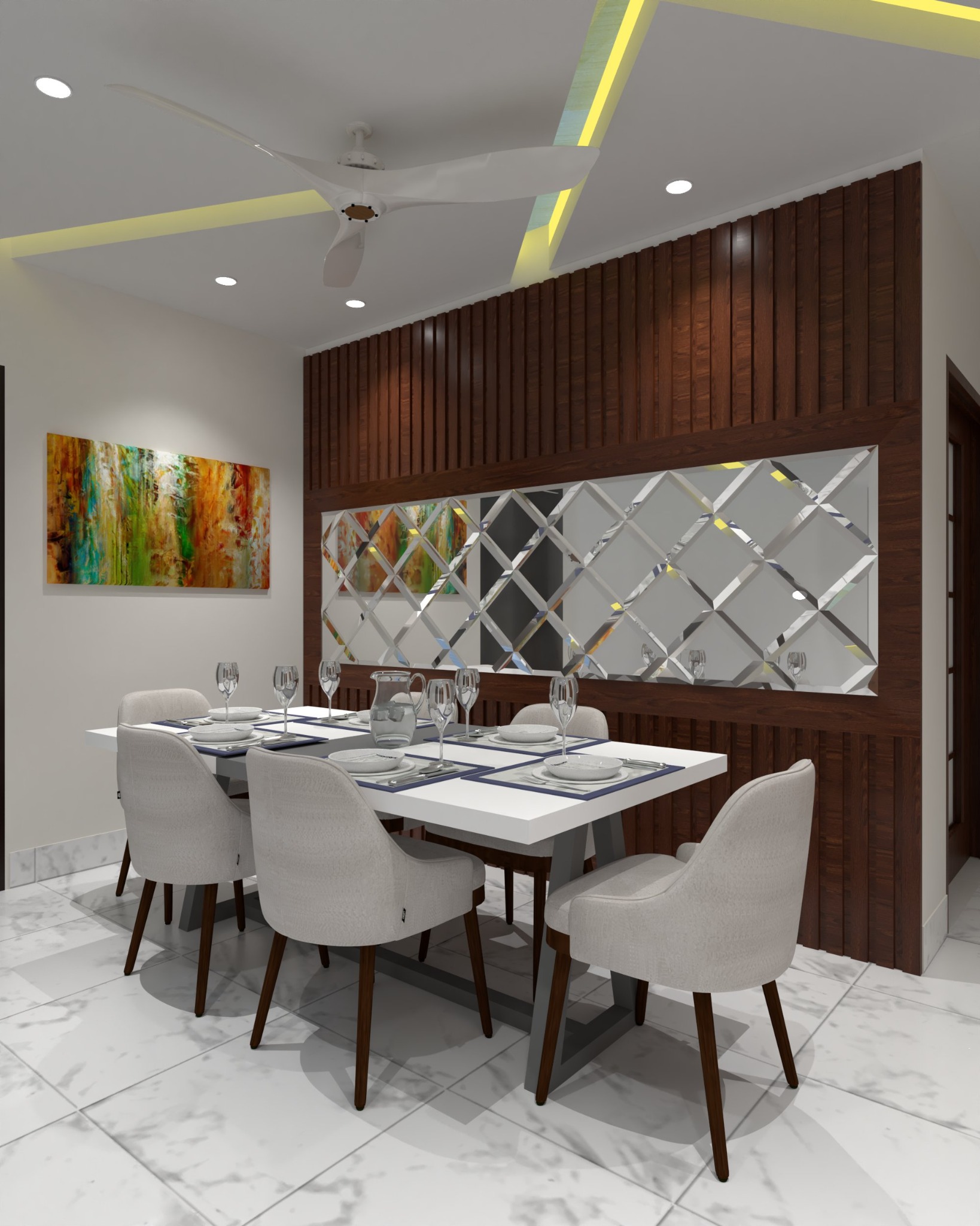 Halishahar apartment — Dining area — angled view and timber panelling