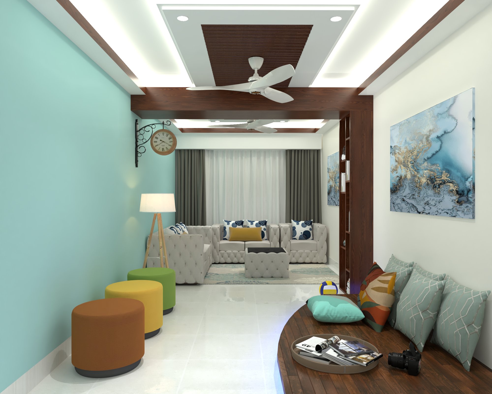 Halishahar apartment — Living room — full-length view and accent stools