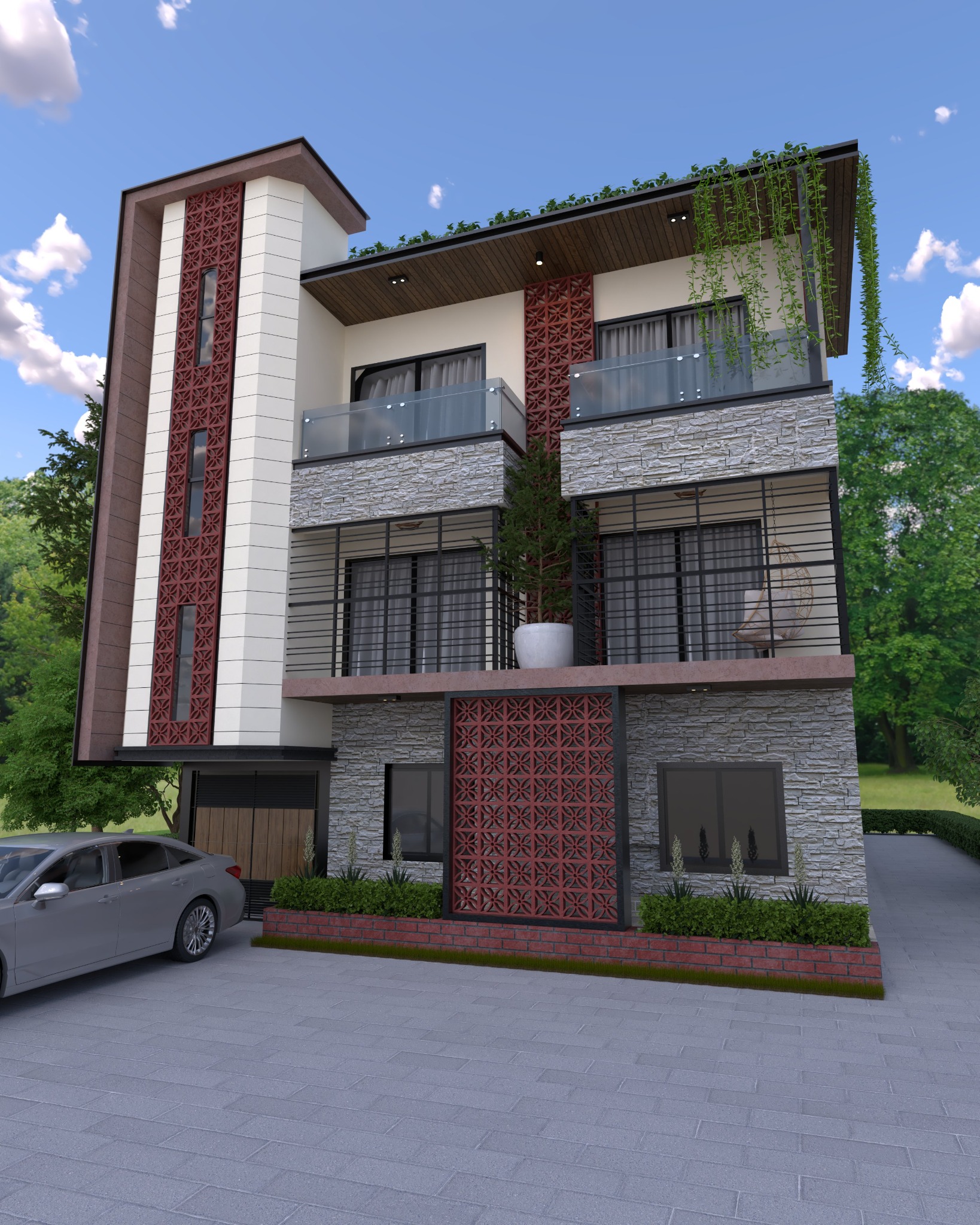Contemporary three-storey residential exterior at Hathazari, Chittagong, with decorative jali screens, glass balconies, stone finishes, and rooftop greenery